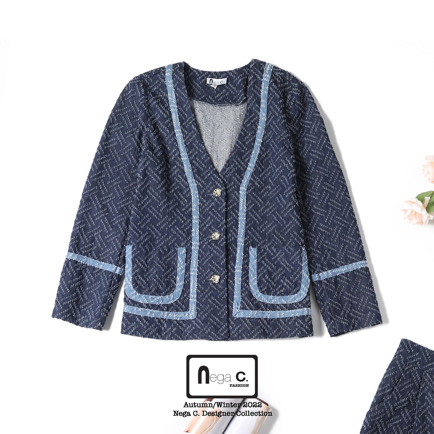 Nega C. V領暗紋牛仔外套|深藍色|無彈|無裡襯