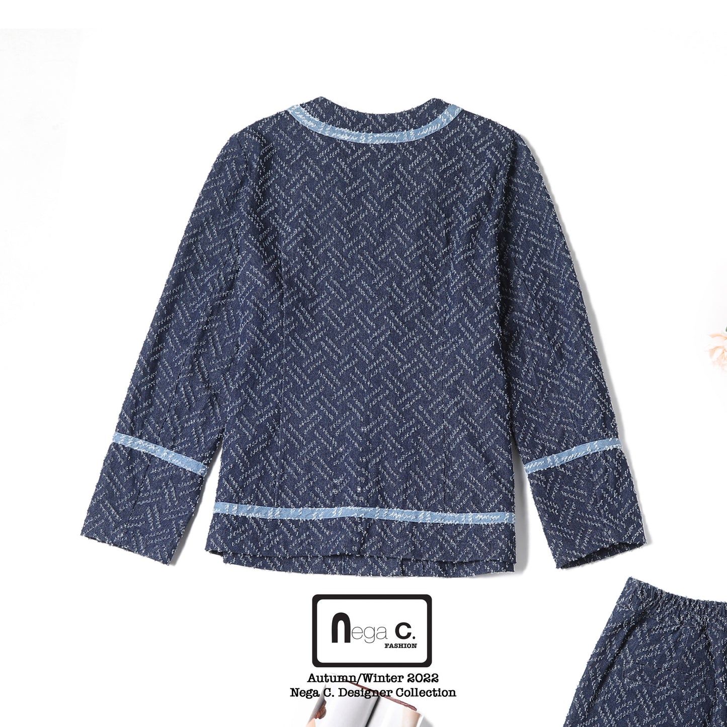 Nega C. V領暗紋牛仔外套|深藍色|無彈|無裡襯