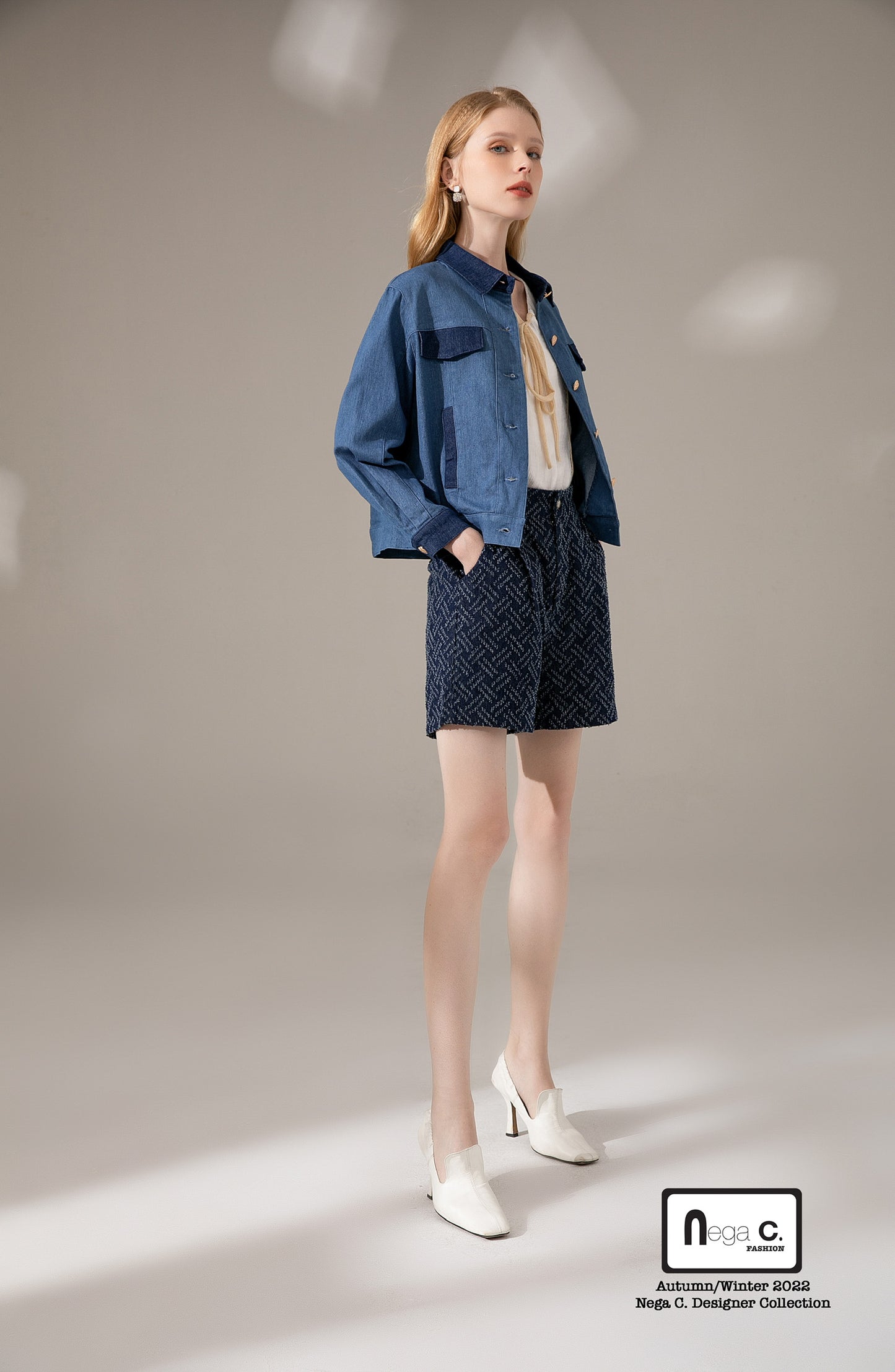 Nega C. แจ็คเก็ตยีนส์บล็อคสี|สีฟ้า|ผ้ายืดไมโคร|ไม่มีซับใน
