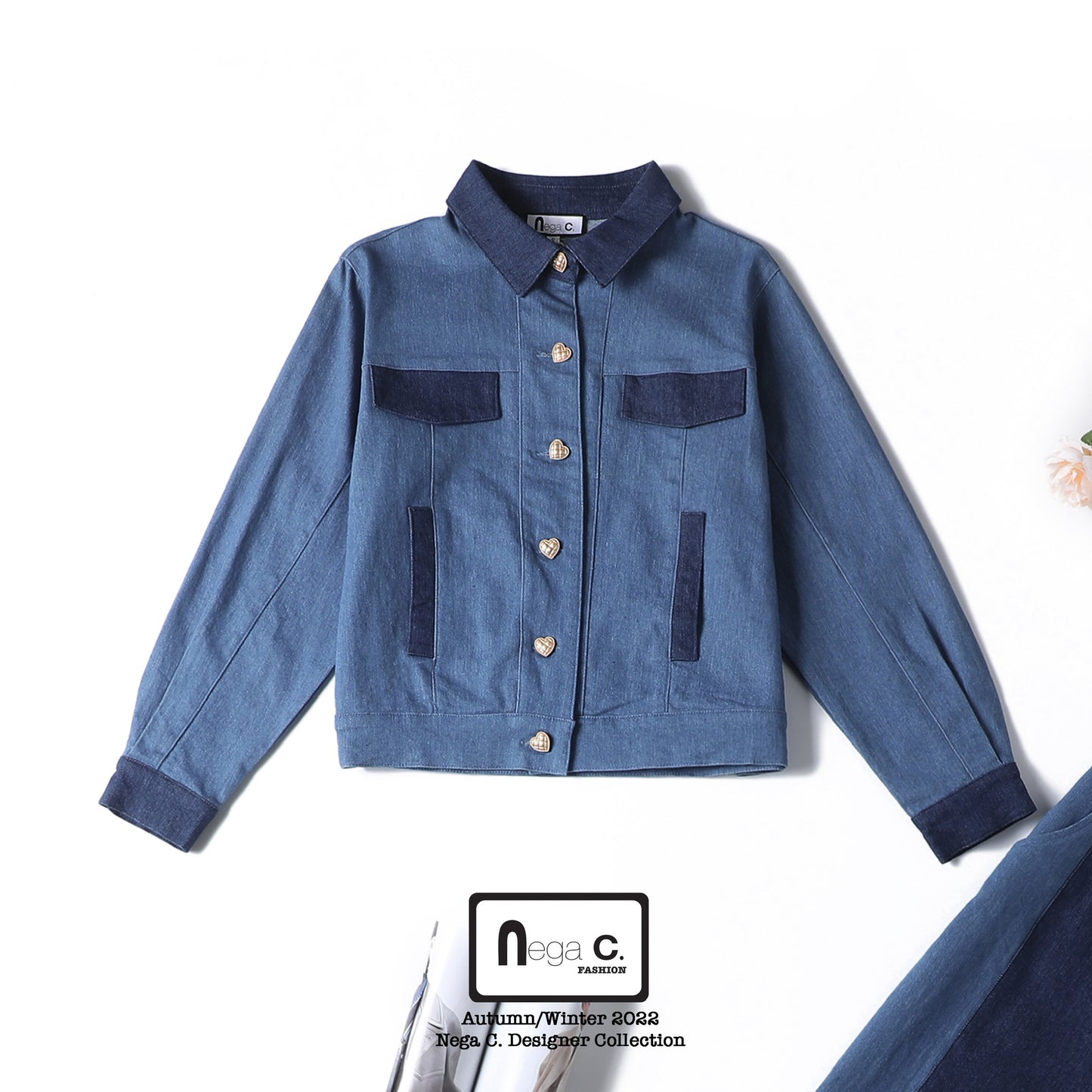 Nega C. แจ็คเก็ตยีนส์บล็อคสี|สีฟ้า|ผ้ายืดไมโคร|ไม่มีซับใน