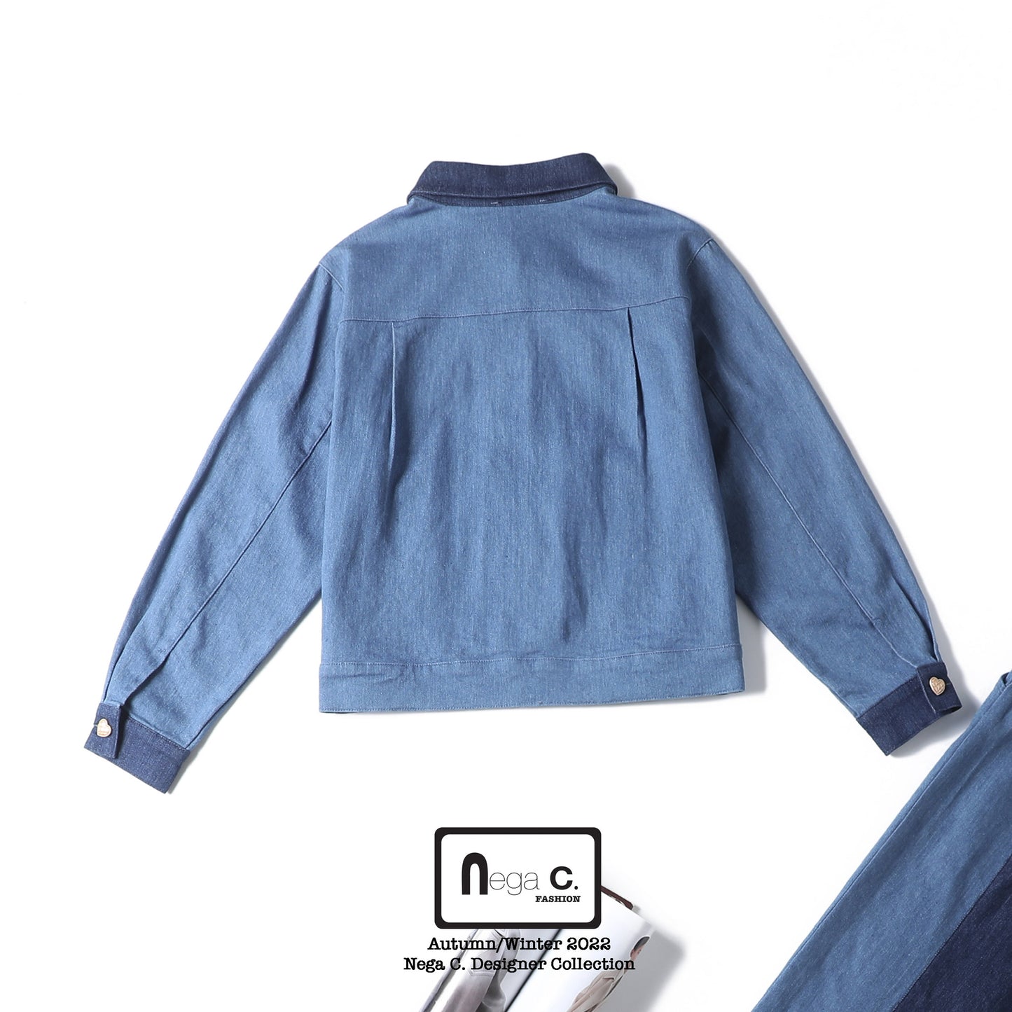 Nega C. แจ็คเก็ตยีนส์บล็อคสี|สีฟ้า|ผ้ายืดไมโคร|ไม่มีซับใน