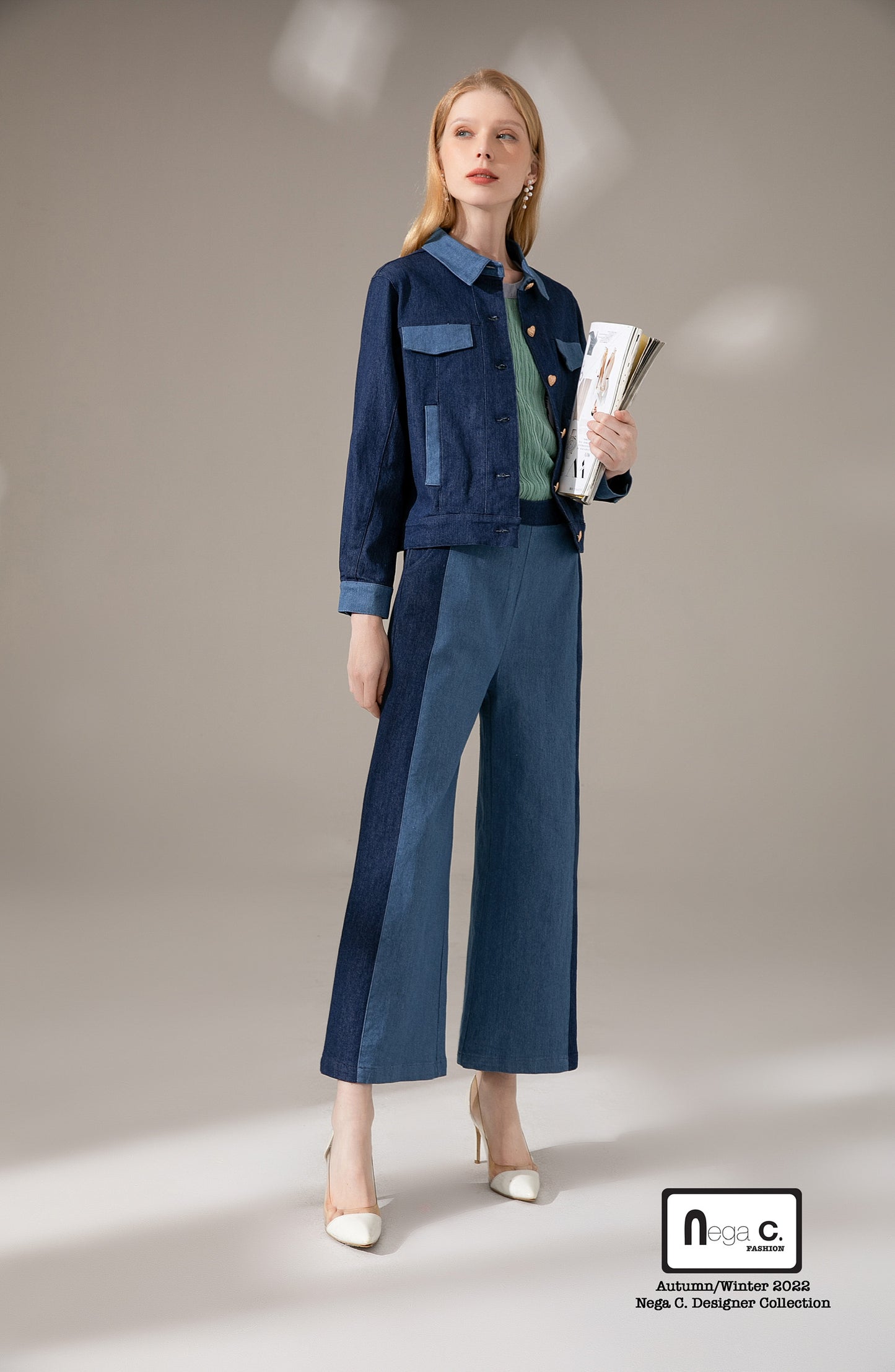 Nega C. เสื้อแจ็คเก็ตยีนส์ Color block|สีน้ำเงินเข้ม|ผ้ายืดไมโคร|ไม่มีซับใน