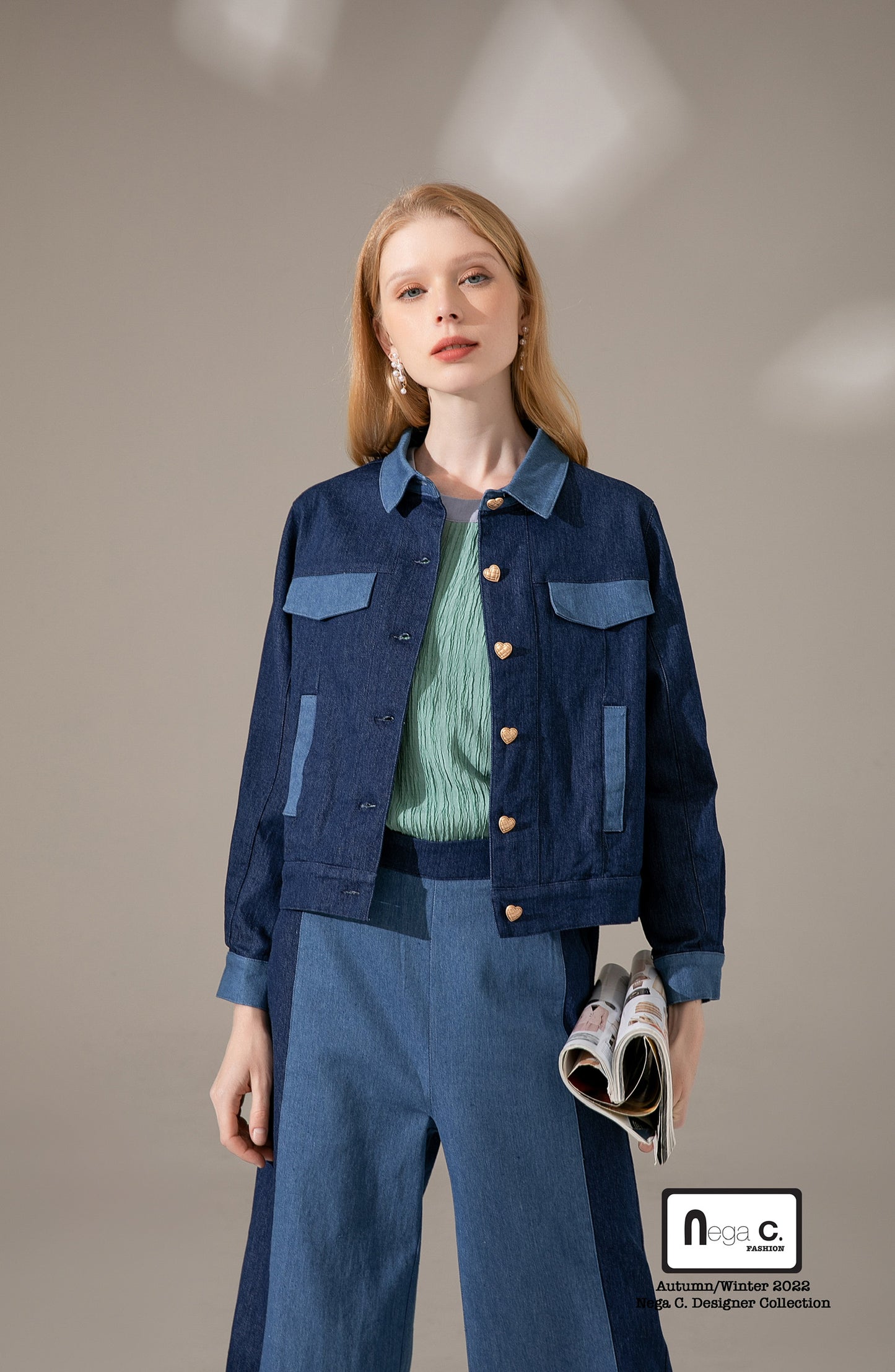 Nega C. เสื้อแจ็คเก็ตยีนส์ Color block|สีน้ำเงินเข้ม|ผ้ายืดไมโคร|ไม่มีซับใน