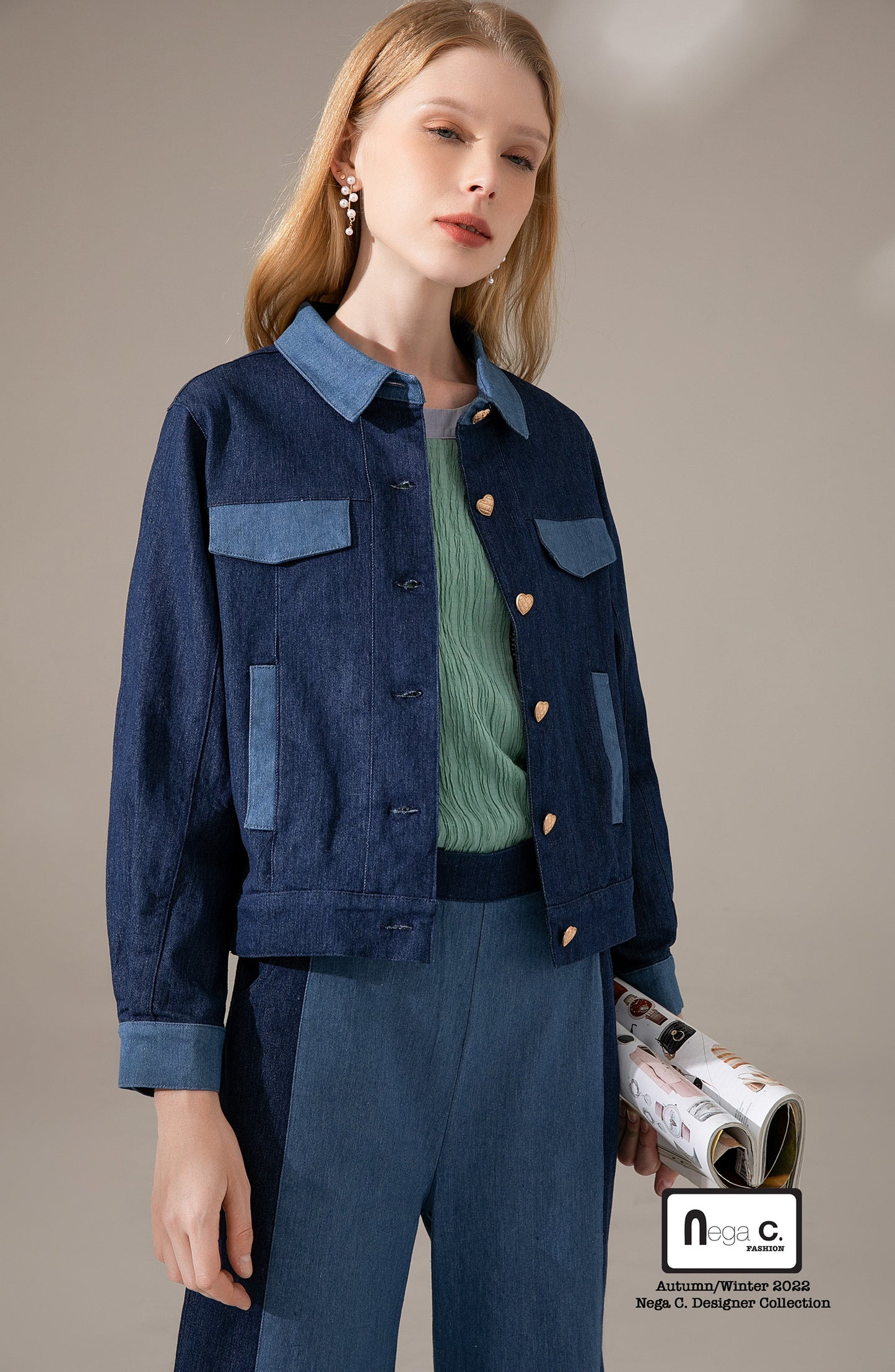 Nega C. เสื้อแจ็คเก็ตยีนส์ Color block|สีน้ำเงินเข้ม|ผ้ายืดไมโคร|ไม่มีซับใน