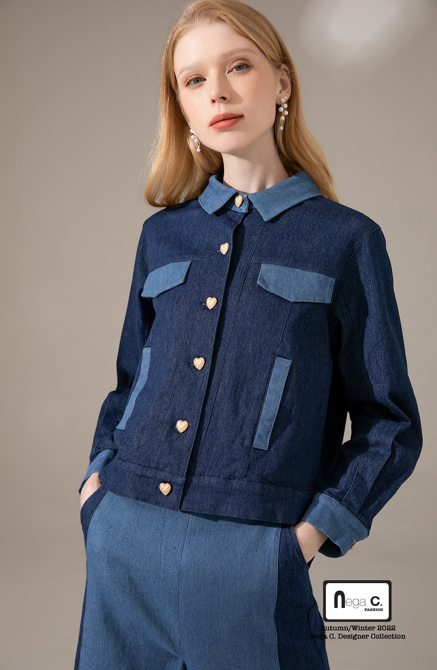 Nega C. เสื้อแจ็คเก็ตยีนส์ Color block|สีน้ำเงินเข้ม|ผ้ายืดไมโคร|ไม่มีซับใน
