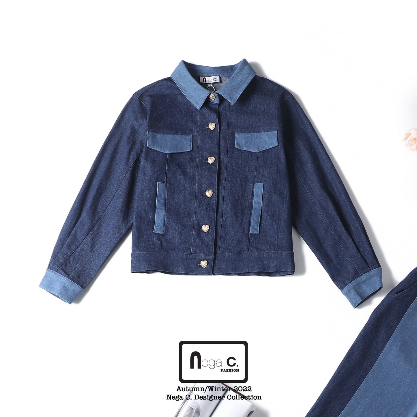 Nega C. เสื้อแจ็คเก็ตยีนส์ Color block|สีน้ำเงินเข้ม|ผ้ายืดไมโคร|ไม่มีซับใน