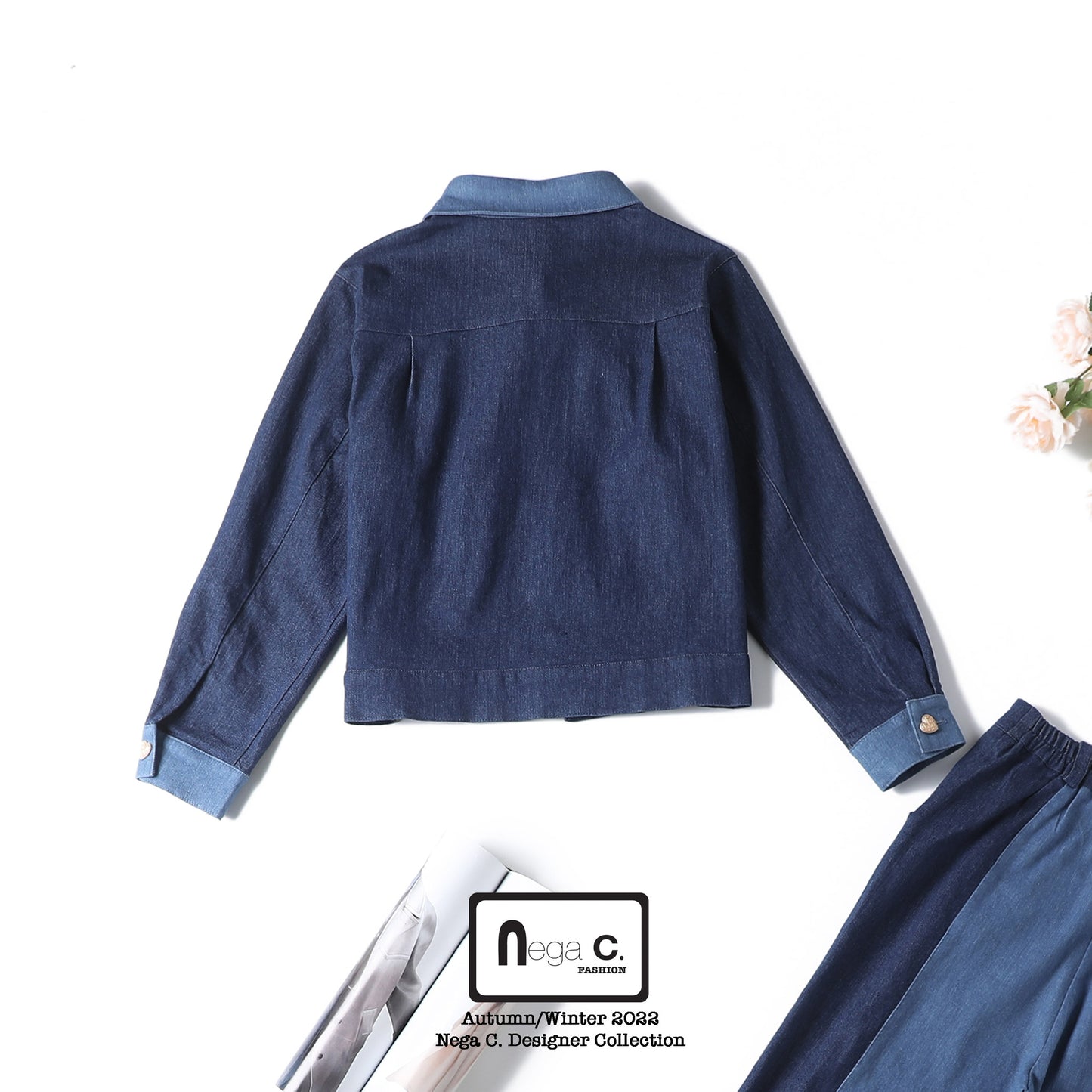 Nega C. เสื้อแจ็คเก็ตยีนส์ Color block|สีน้ำเงินเข้ม|ผ้ายืดไมโคร|ไม่มีซับใน