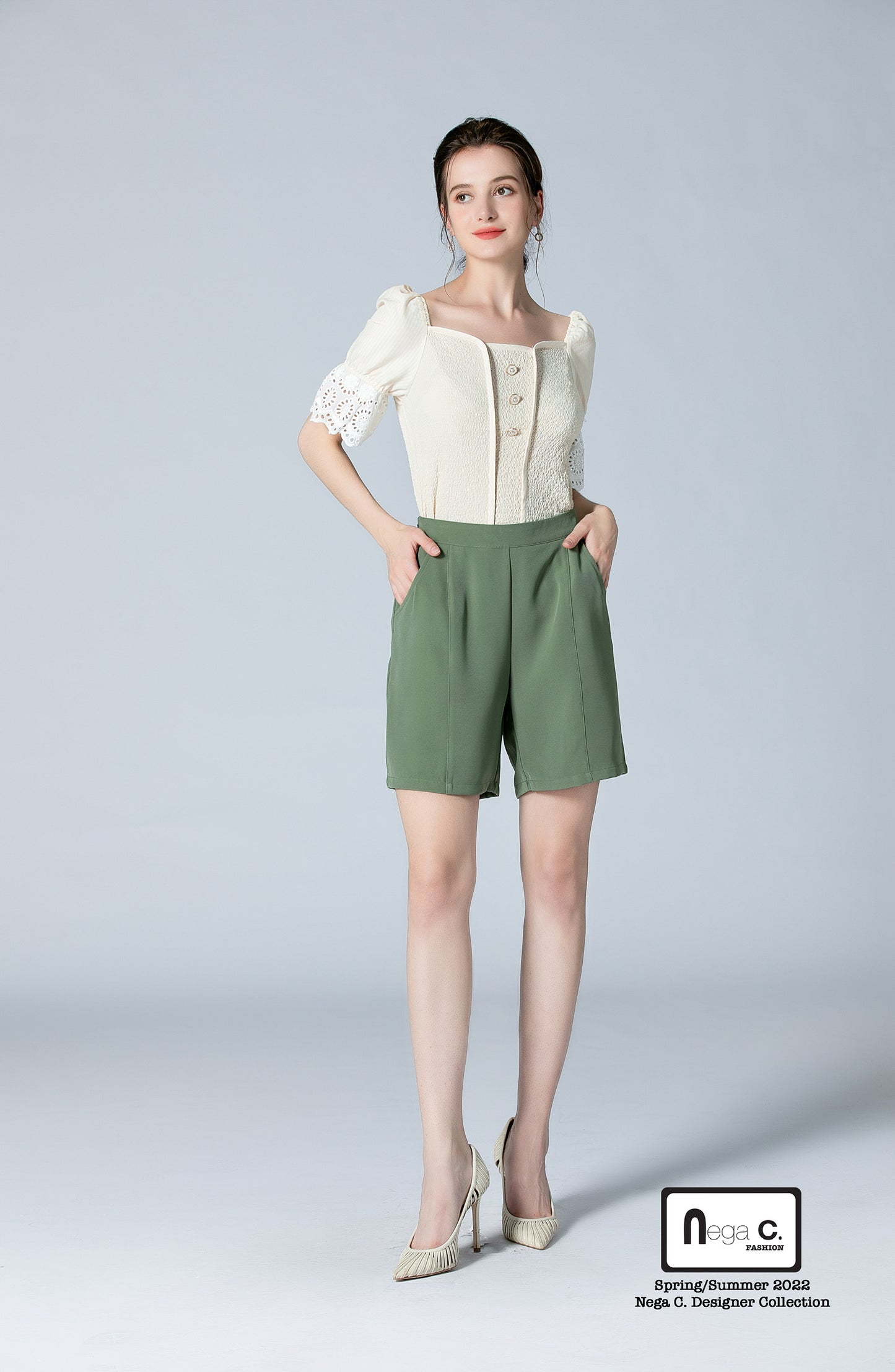 Nega C. เสื้อแขนพัฟคอ Sweetheart|สีแอปริคอท|ไม่มีซับใน