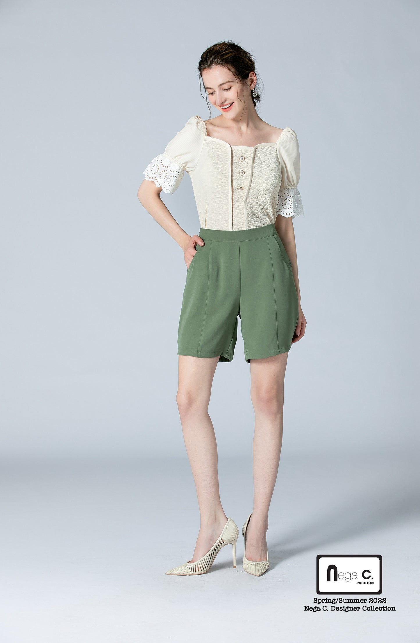 Nega C. เสื้อแขนพัฟคอ Sweetheart|สีแอปริคอท|ไม่มีซับใน
