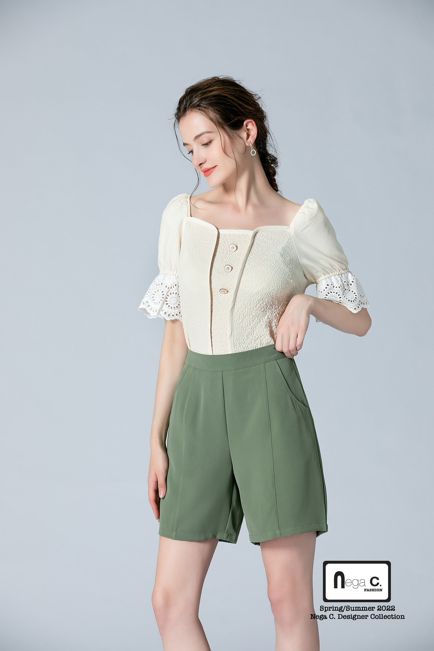 Nega C. เสื้อแขนพัฟคอ Sweetheart|สีแอปริคอท|ไม่มีซับใน