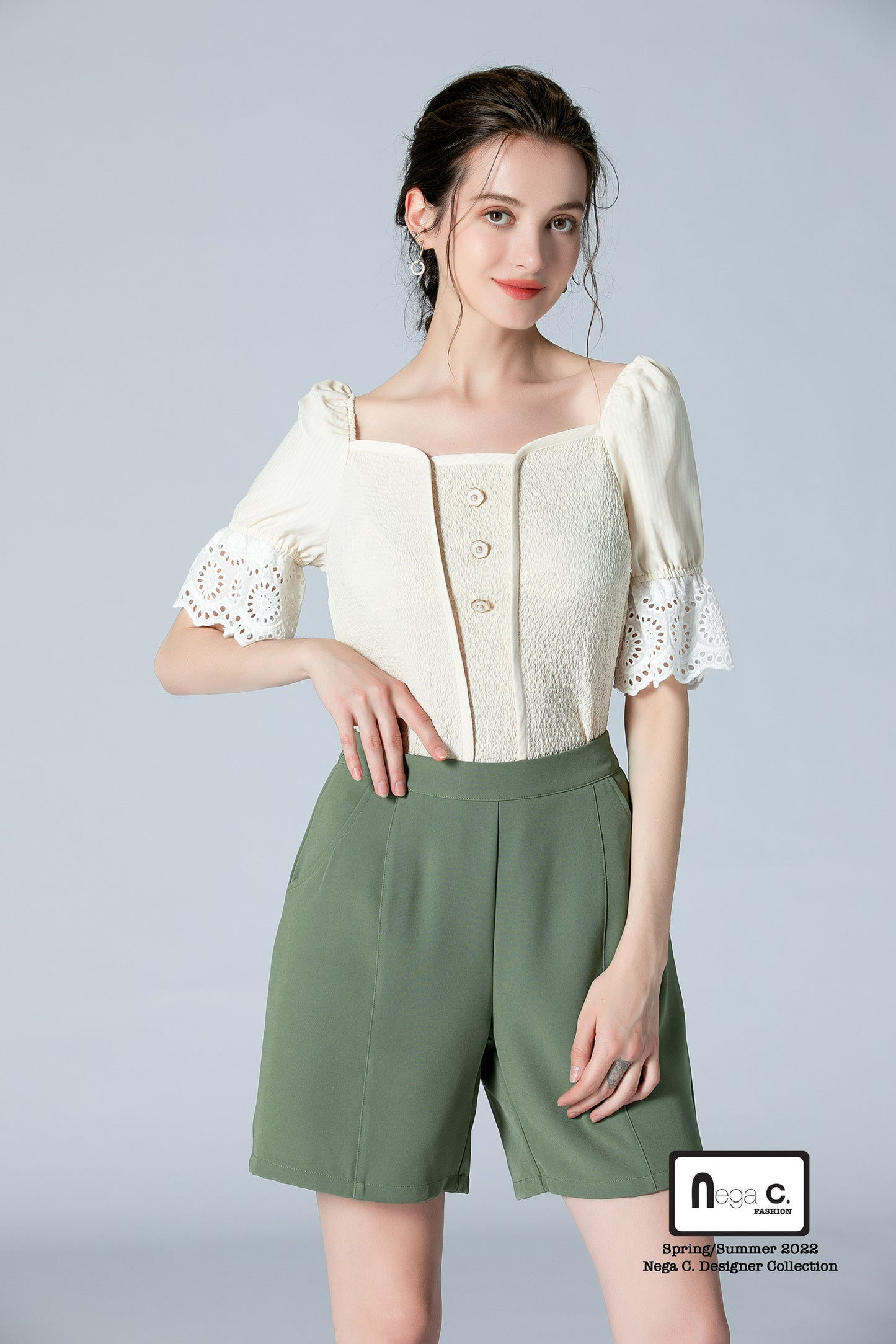 Nega C. เสื้อแขนพัฟคอ Sweetheart|สีแอปริคอท|ไม่มีซับใน