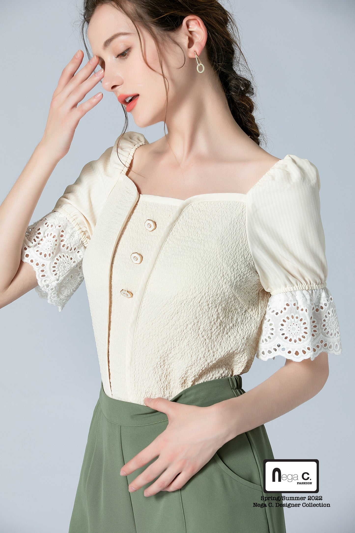 Nega C. เสื้อแขนพัฟคอ Sweetheart|สีแอปริคอท|ไม่มีซับใน