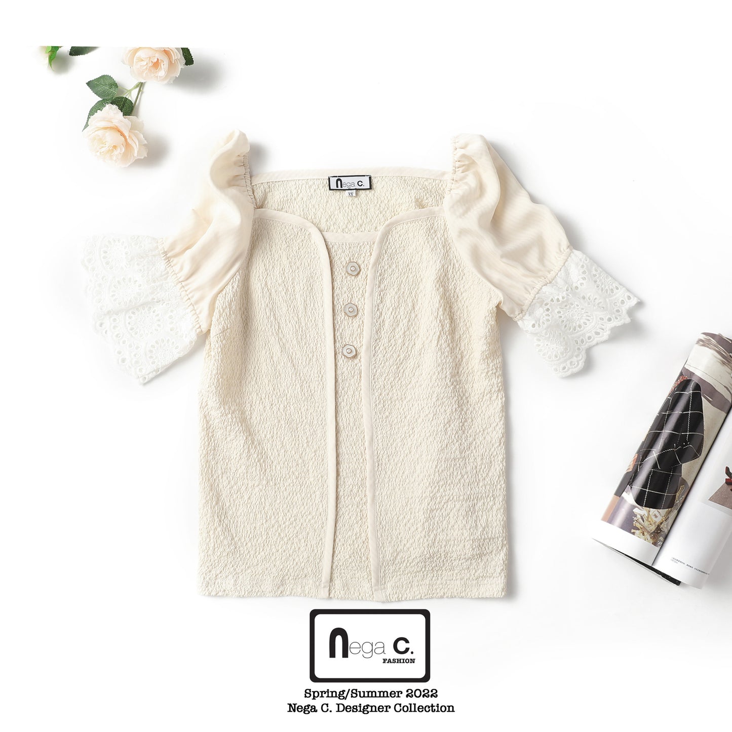 Nega C. เสื้อแขนพัฟคอ Sweetheart|สีแอปริคอท|ไม่มีซับใน