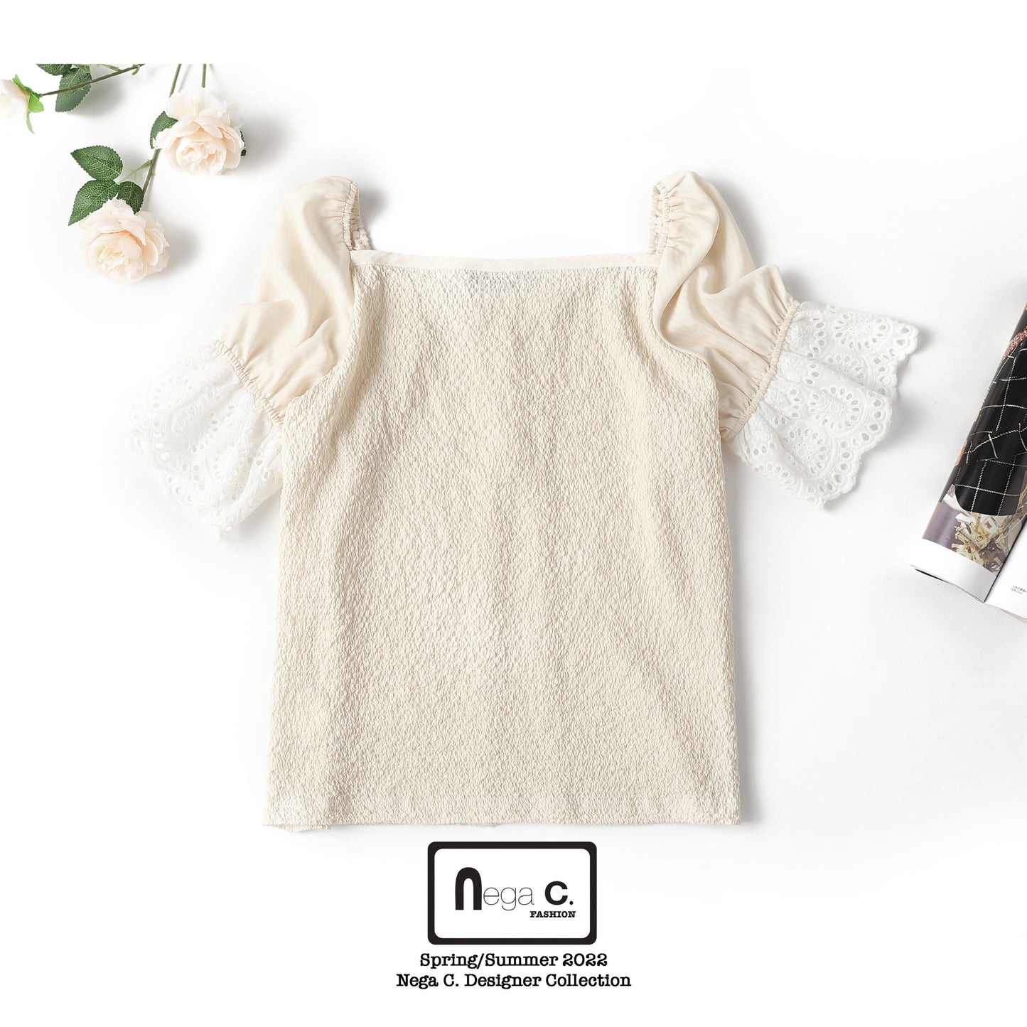 Nega C. เสื้อแขนพัฟคอ Sweetheart|สีแอปริคอท|ไม่มีซับใน
