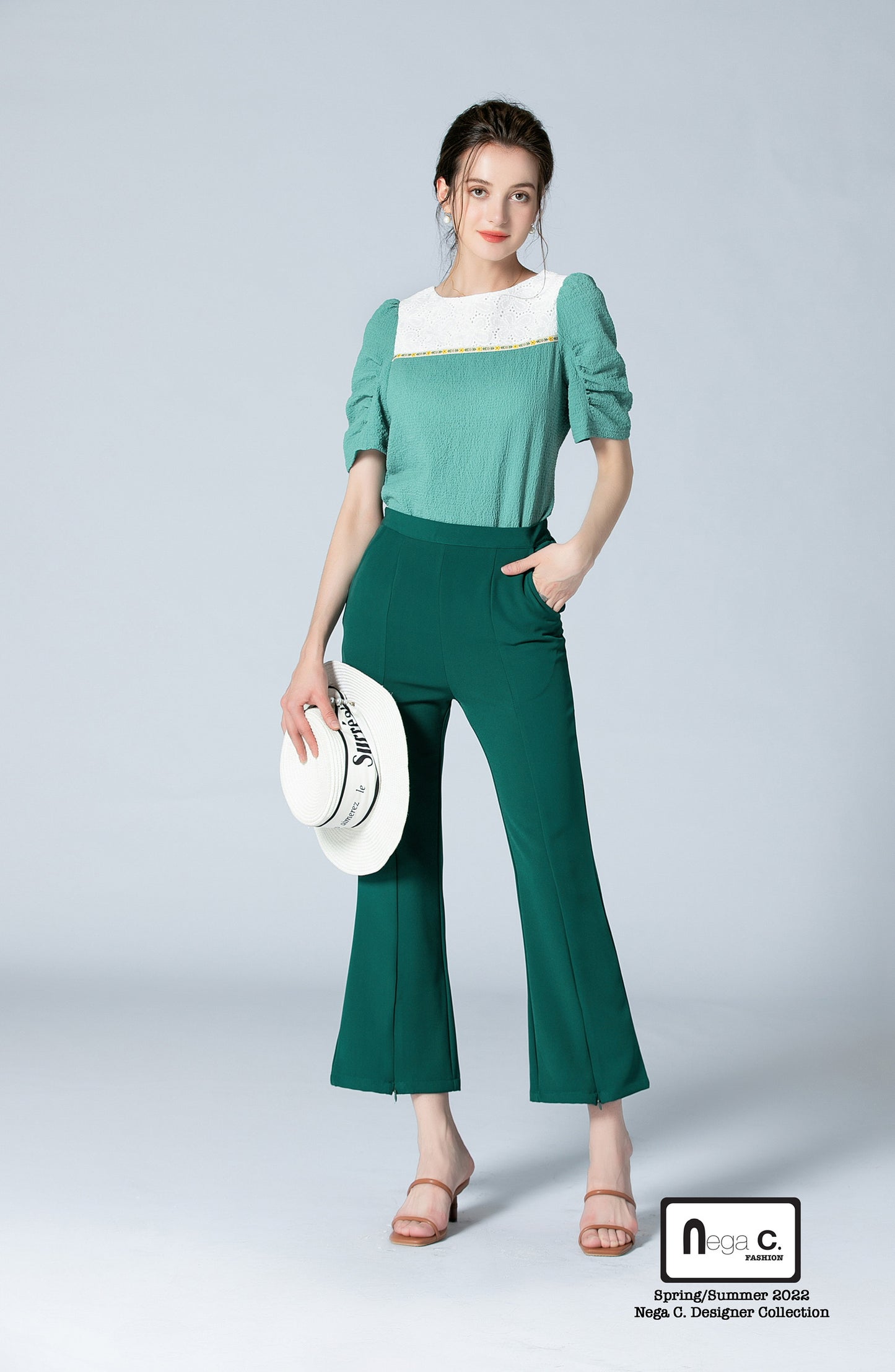 Nega C. 蕾絲拼布泡泡袖上衣|綠色|無裡襯