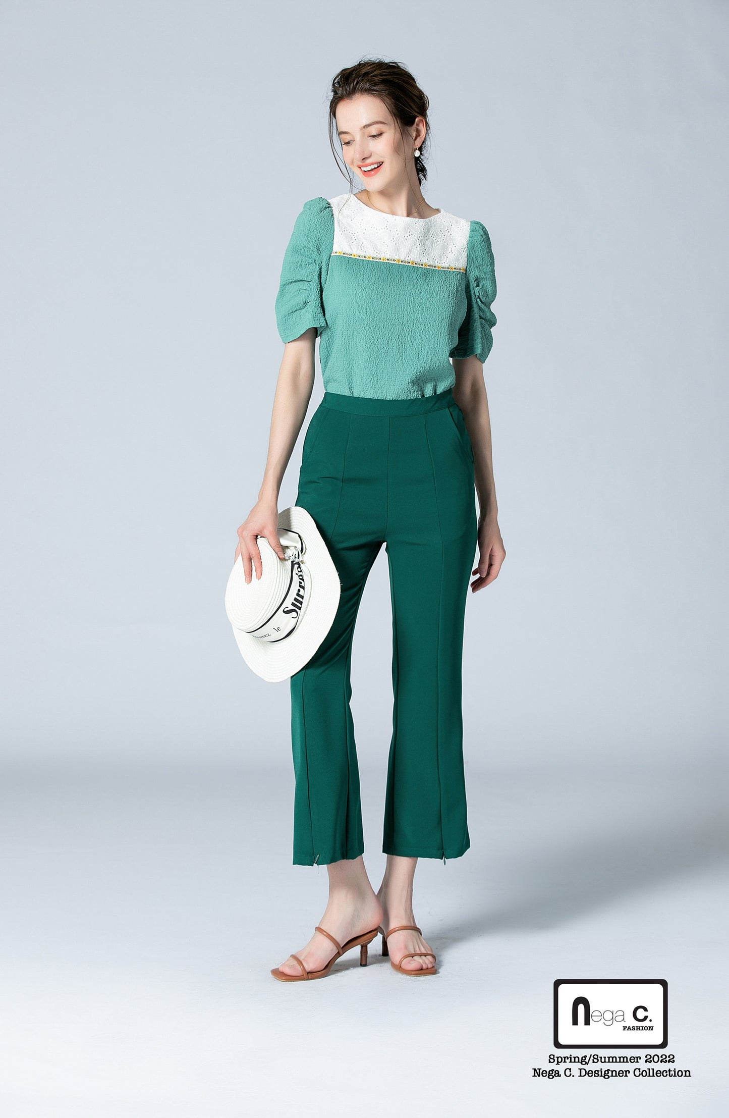 Nega C. 蕾絲拼布泡泡袖上衣|綠色|無裡襯