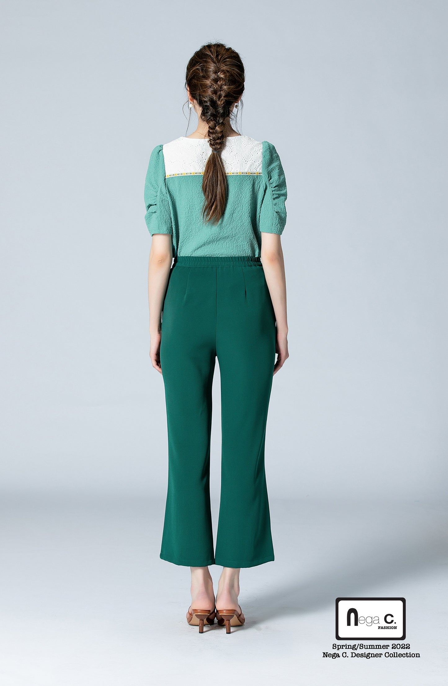 Nega C. 蕾絲拼布泡泡袖上衣|綠色|無裡襯