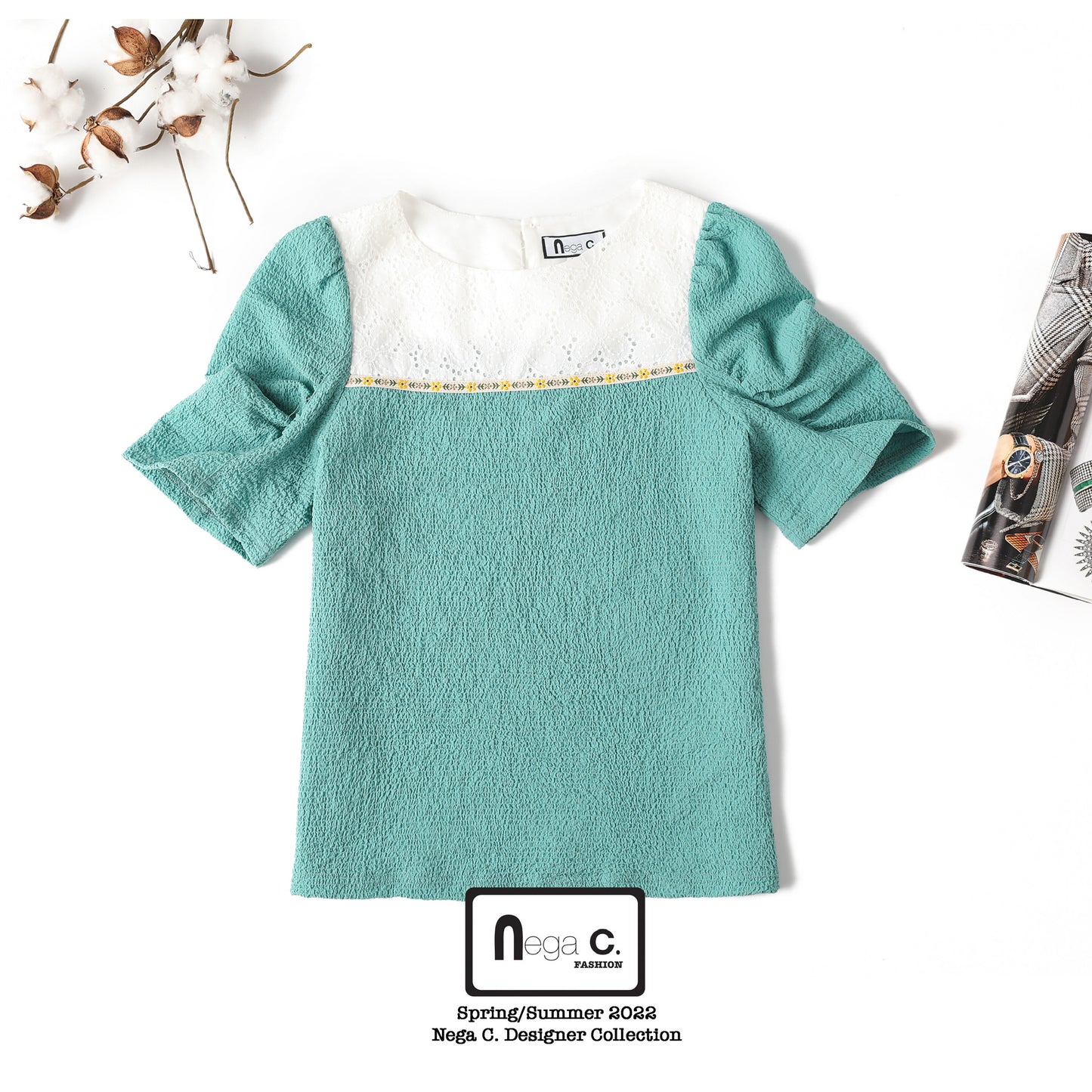 Nega C. 蕾絲拼布泡泡袖上衣|綠色|無裡襯