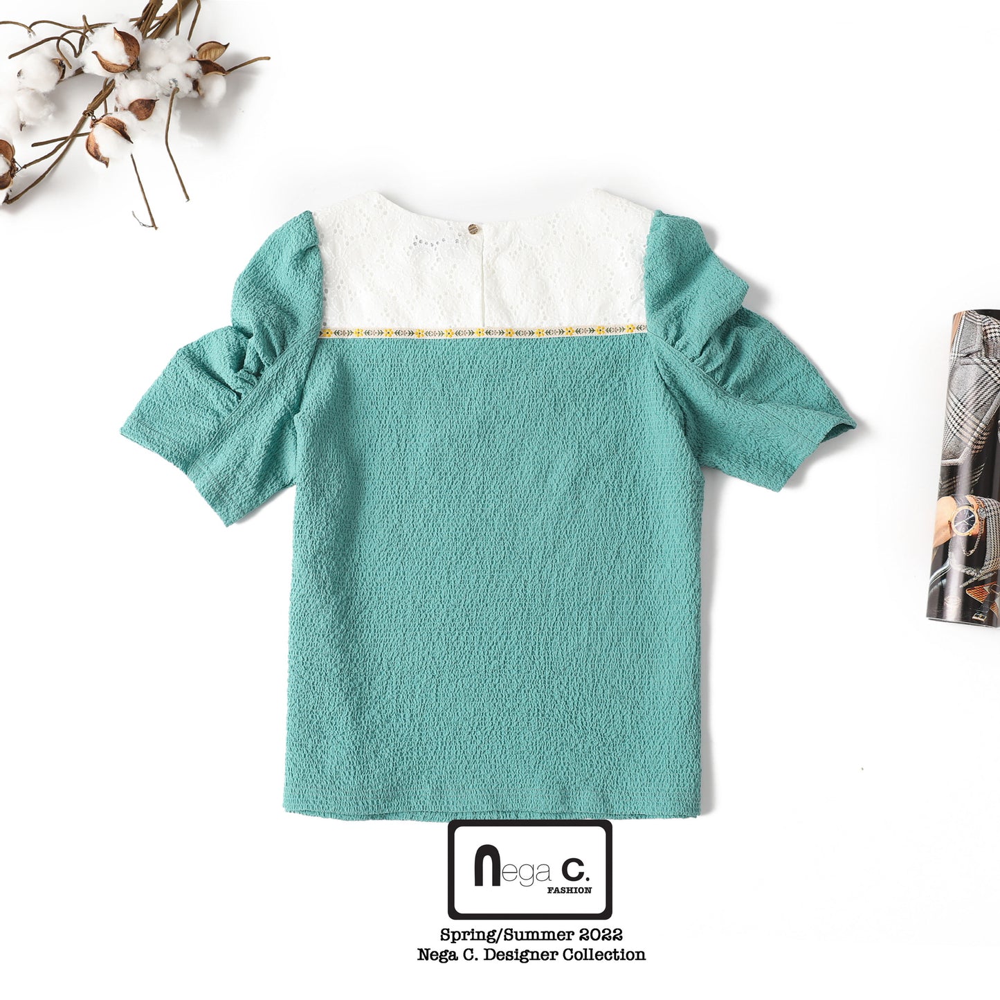 Nega C. 蕾絲拼布泡泡袖上衣|綠色|無裡襯