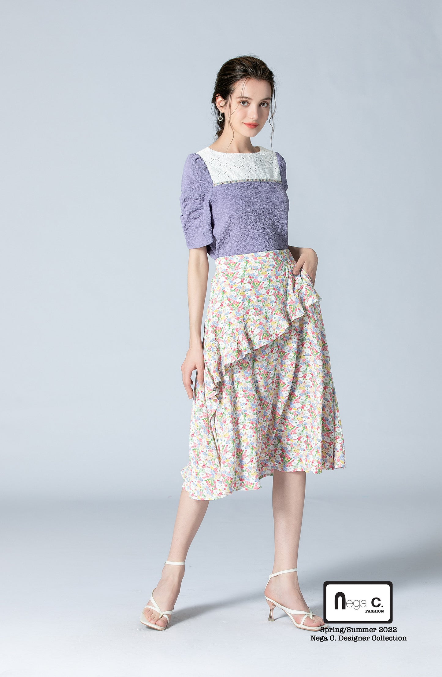 Nega C. เสื้อแขนพัฟลูกไม้เย็บปะติดปะต่อ|สีม่วง|ไม่มีซับใน