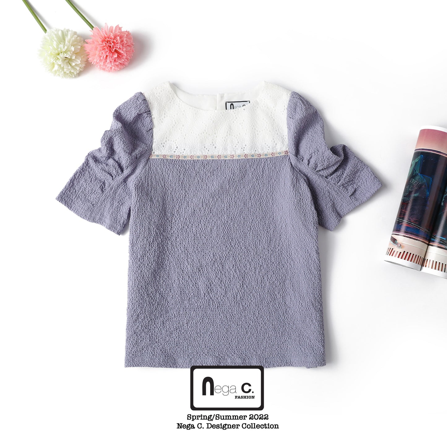 Nega C. เสื้อแขนพัฟลูกไม้เย็บปะติดปะต่อ|สีม่วง|ไม่มีซับใน