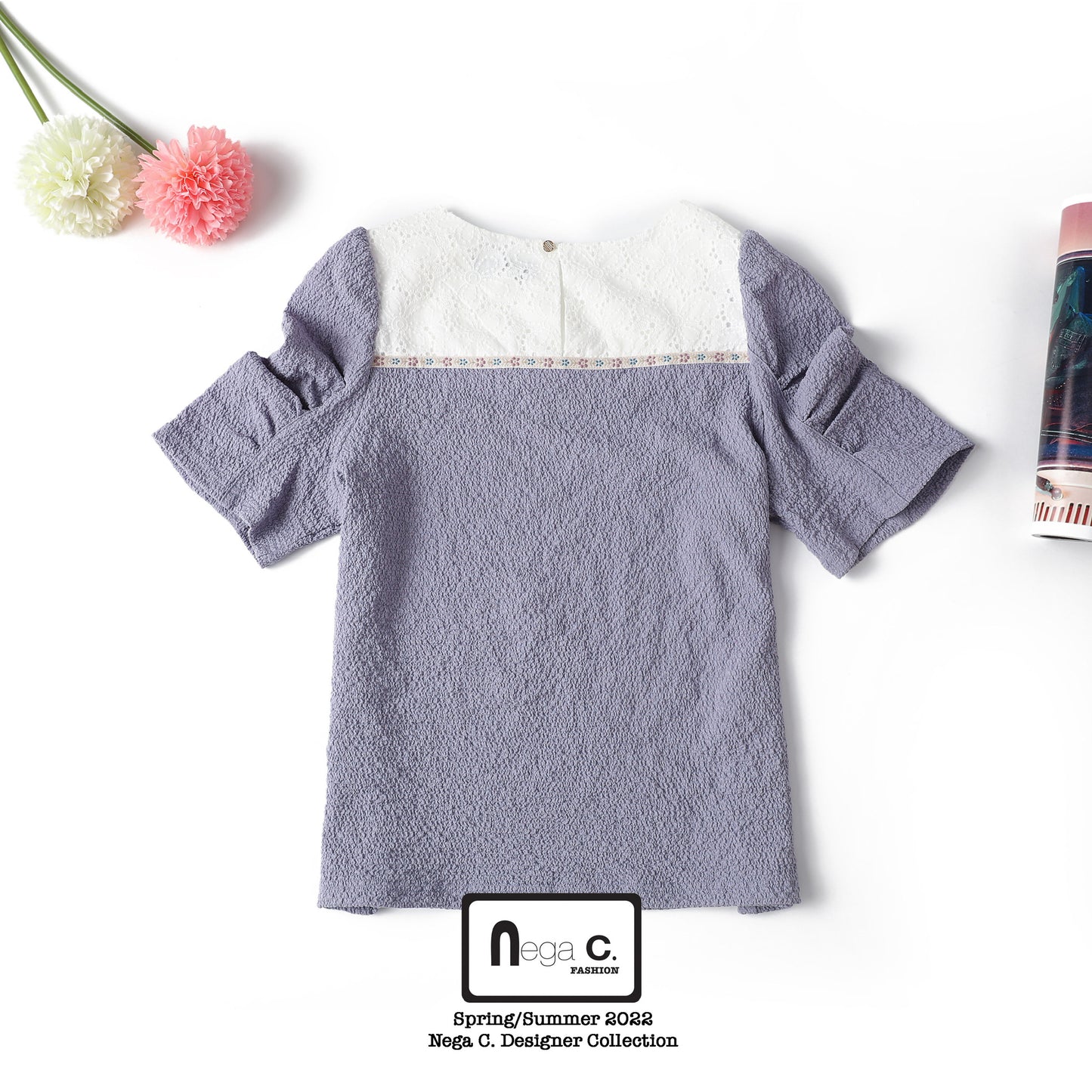 Nega C. เสื้อแขนพัฟลูกไม้เย็บปะติดปะต่อ|สีม่วง|ไม่มีซับใน