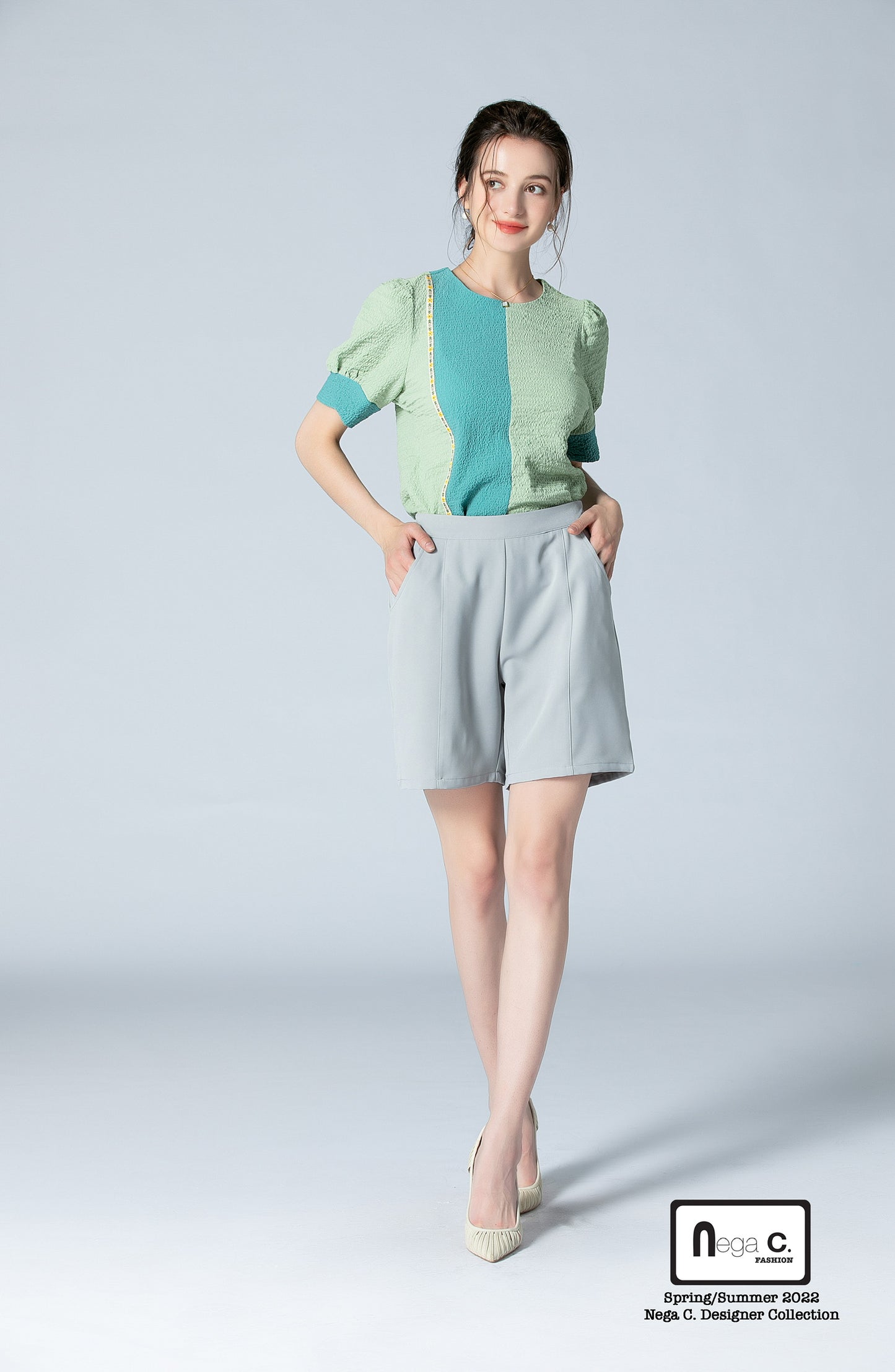 Nega C. 簡約風拼色圓領上衣|綠色|無裡襯