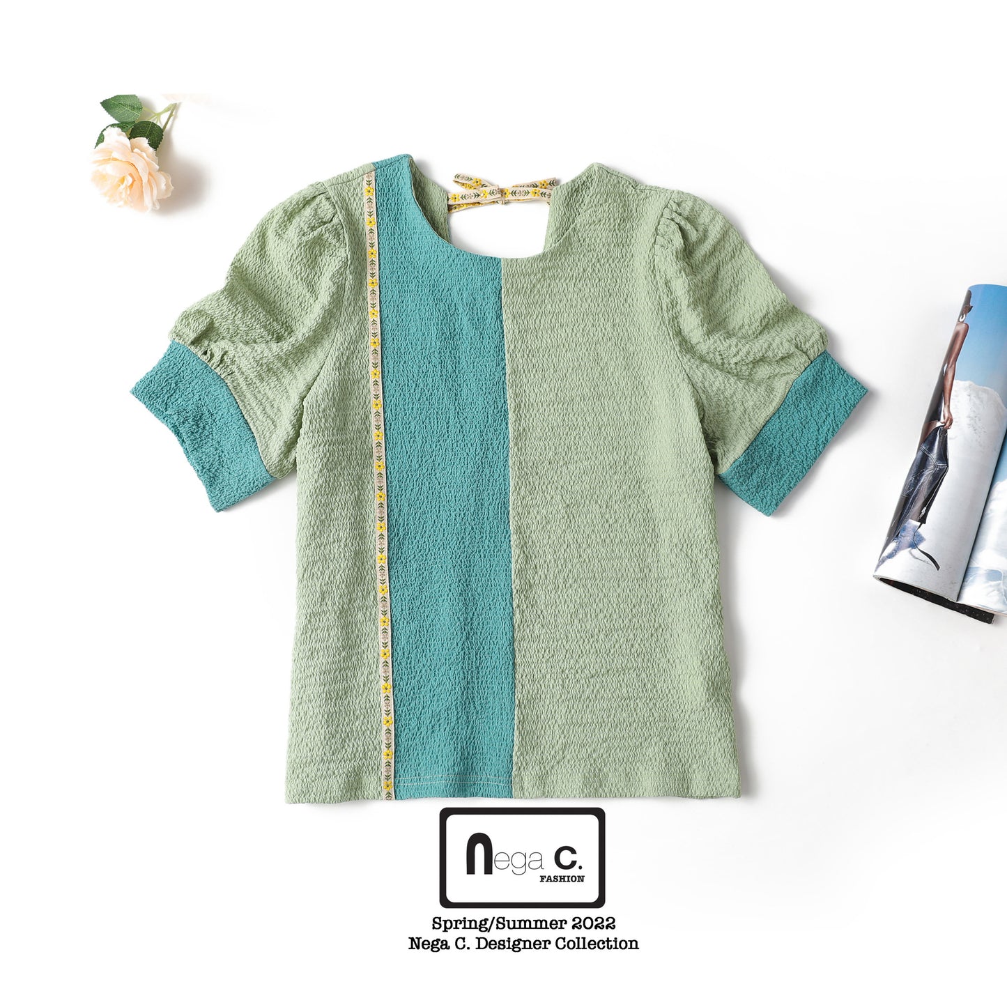 Nega C. 簡約風拼色圓領上衣|綠色|無裡襯