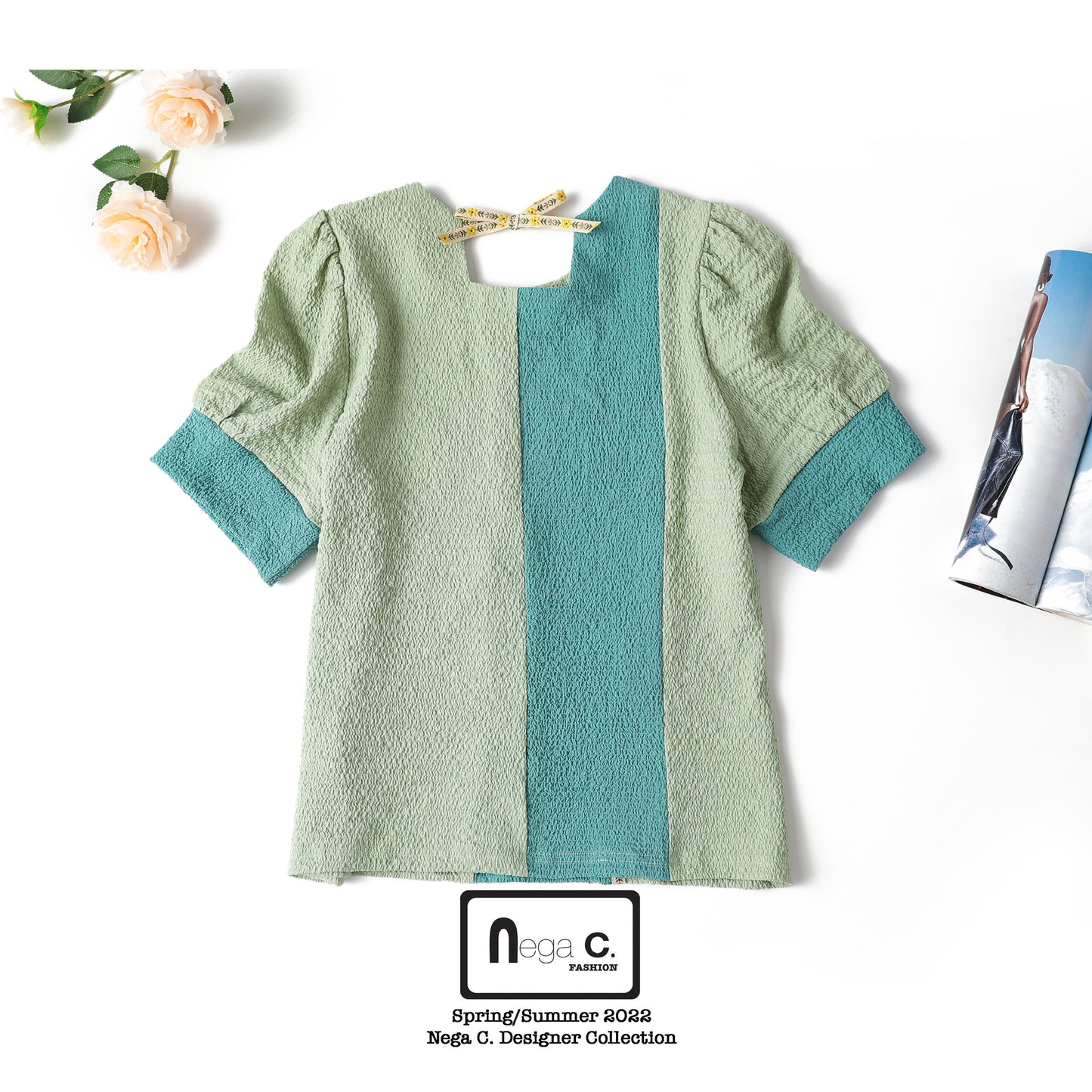 Nega C. 簡約風拼色圓領上衣|綠色|無裡襯