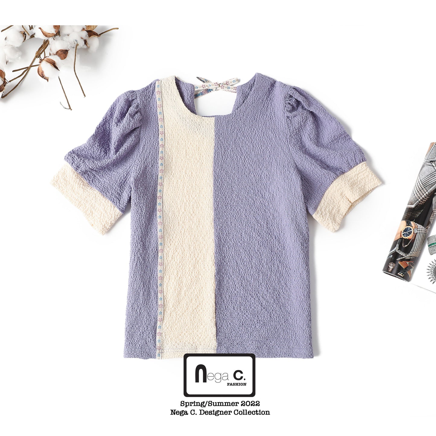 Nega C. เสื้อคอกลมบล็อคสีเรียบง่าย | สีม่วง | ไม่มีซับใน