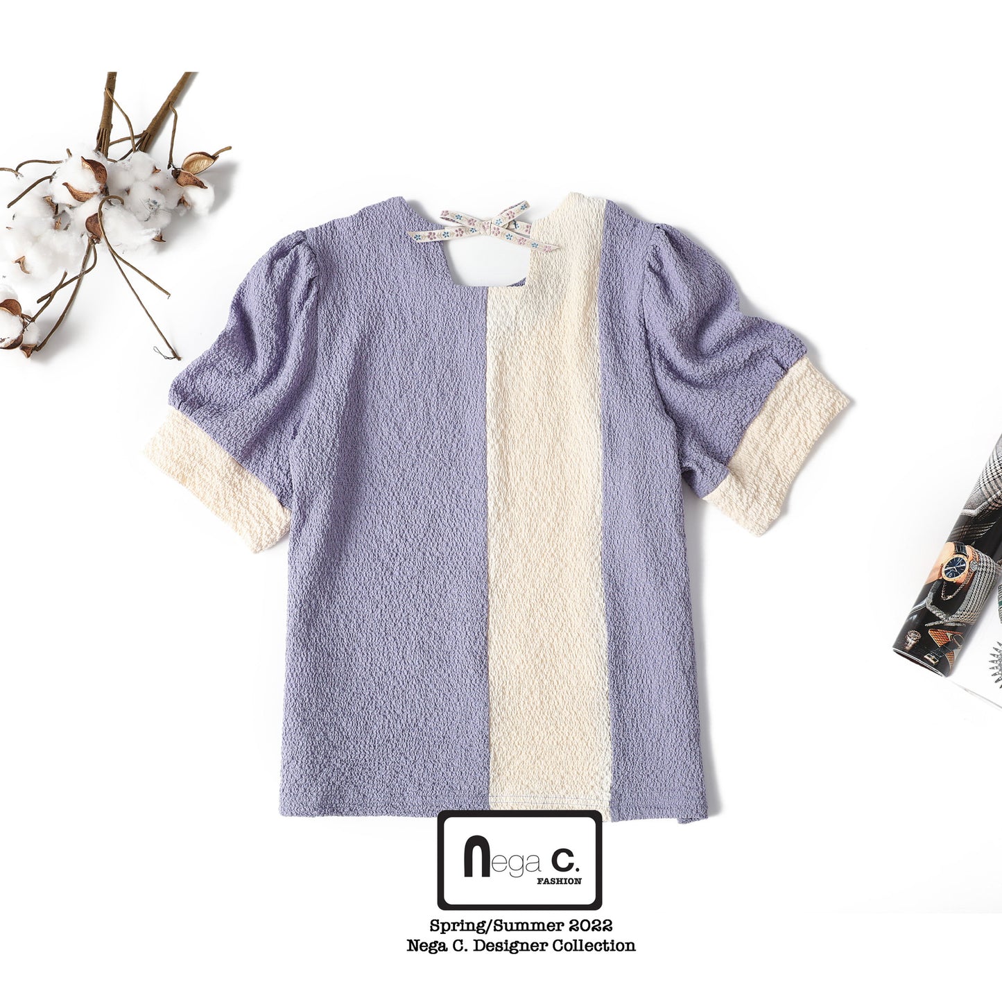 Nega C. เสื้อคอกลมบล็อคสีเรียบง่าย | สีม่วง | ไม่มีซับใน