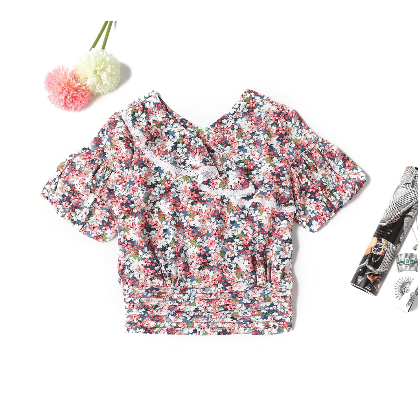 Nega C. เสื้อคอวีกระชับสัดส่วนเอวเล็กลายดอก | สีน้ำเงิน | ไม่มีซับใน