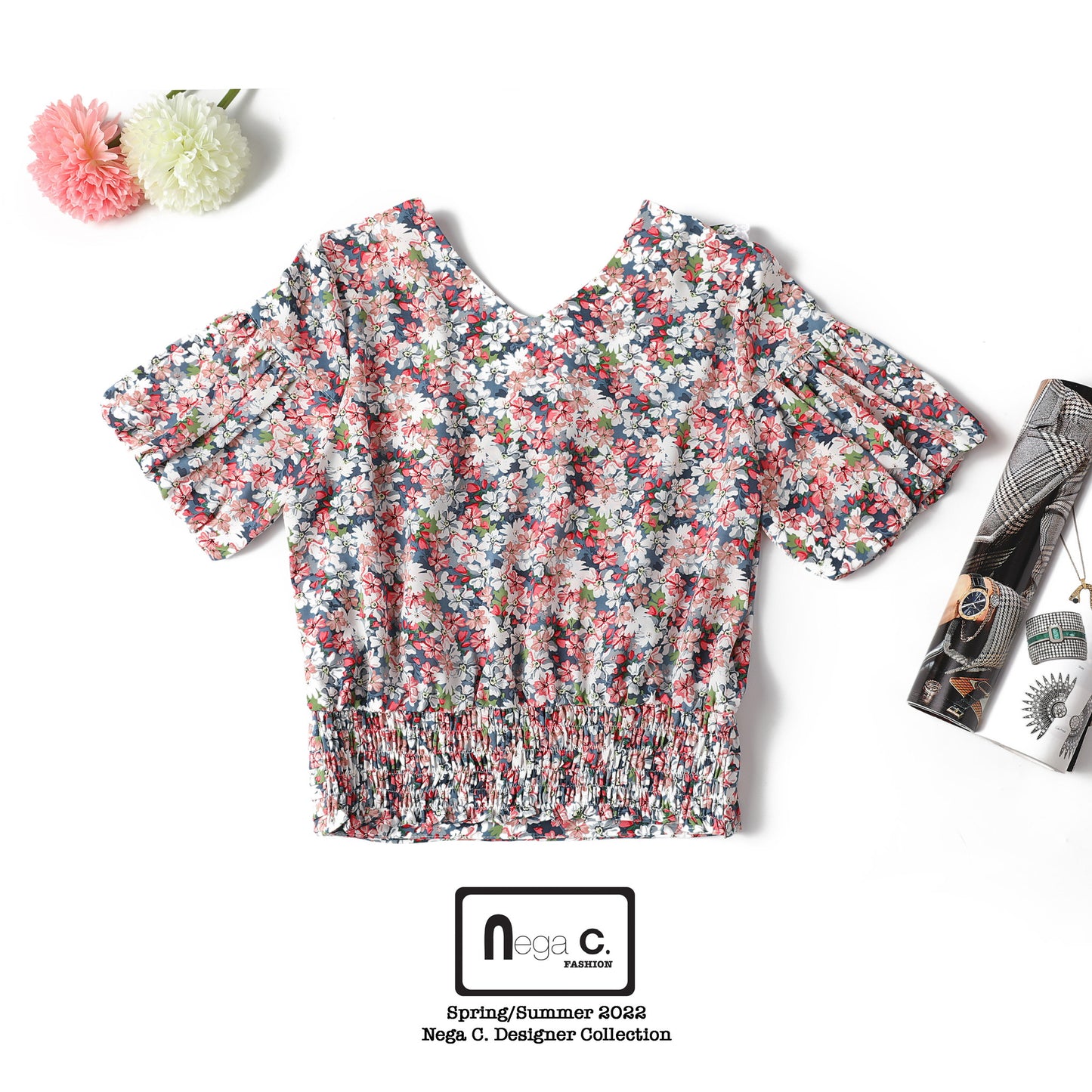 Nega C. เสื้อคอวีกระชับสัดส่วนเอวเล็กลายดอก | สีน้ำเงิน | ไม่มีซับใน