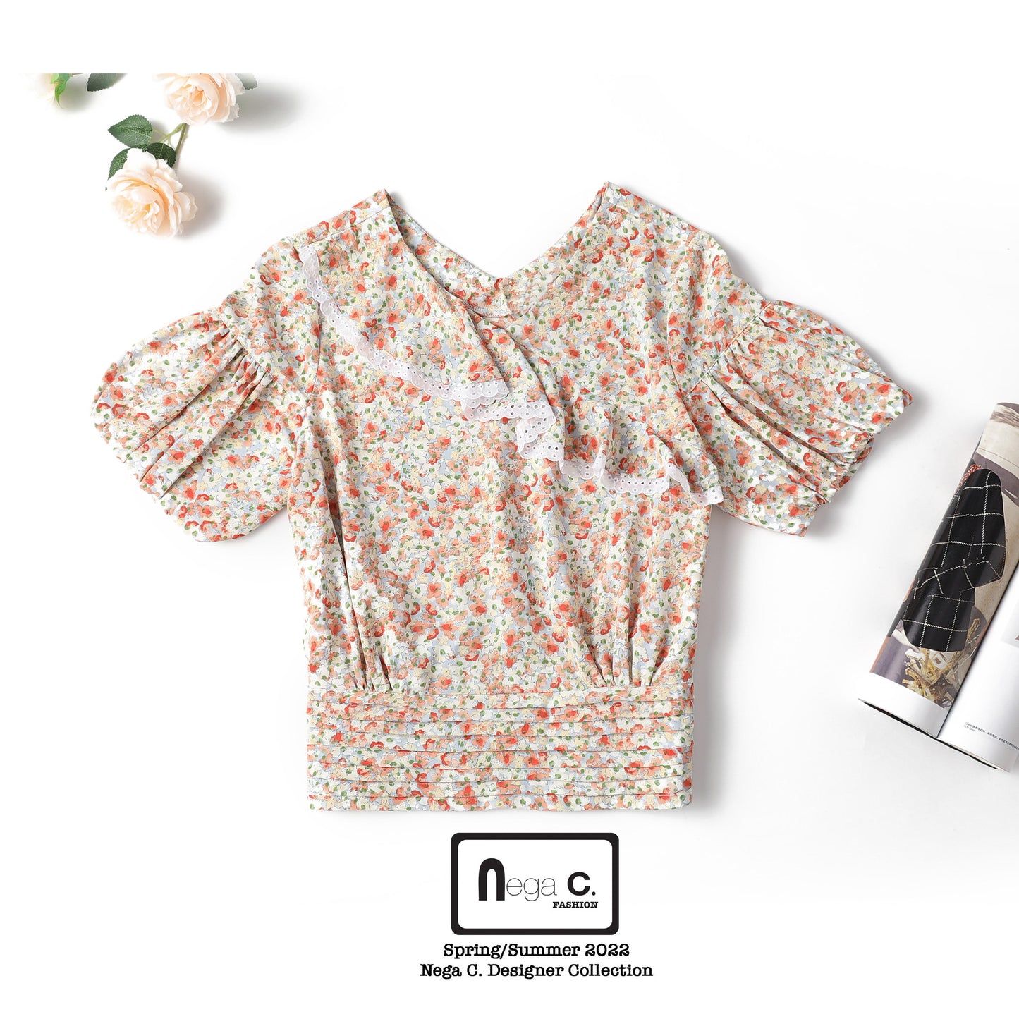 Nega C. เสื้อคอวี เอวเล็กลายดอกไม้ | เฉียงเหลือง | ไม่มีซับใน