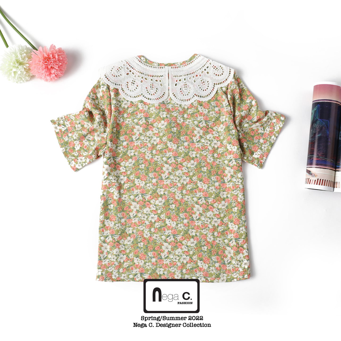 Nega C. เสื้อคอปกลูกไม้ลายดอกไม้เล็ก | เฉียงเหลือง | ไม่มีซับใน