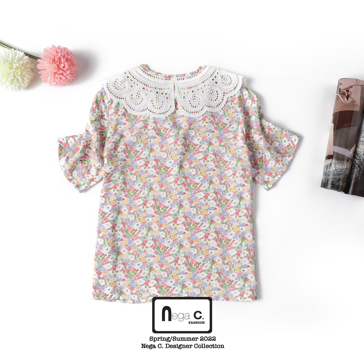 Nega C. เสื้อคอปกลูกไม้ลายดอกไม้เล็ก|ชมพู|ไม่มีซับใน