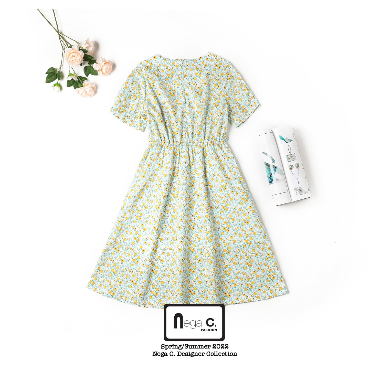 Nega C. ชุดเดรสลายดอกไม้คอกลม|สีเขียวมิ้นต์|มีซับใน