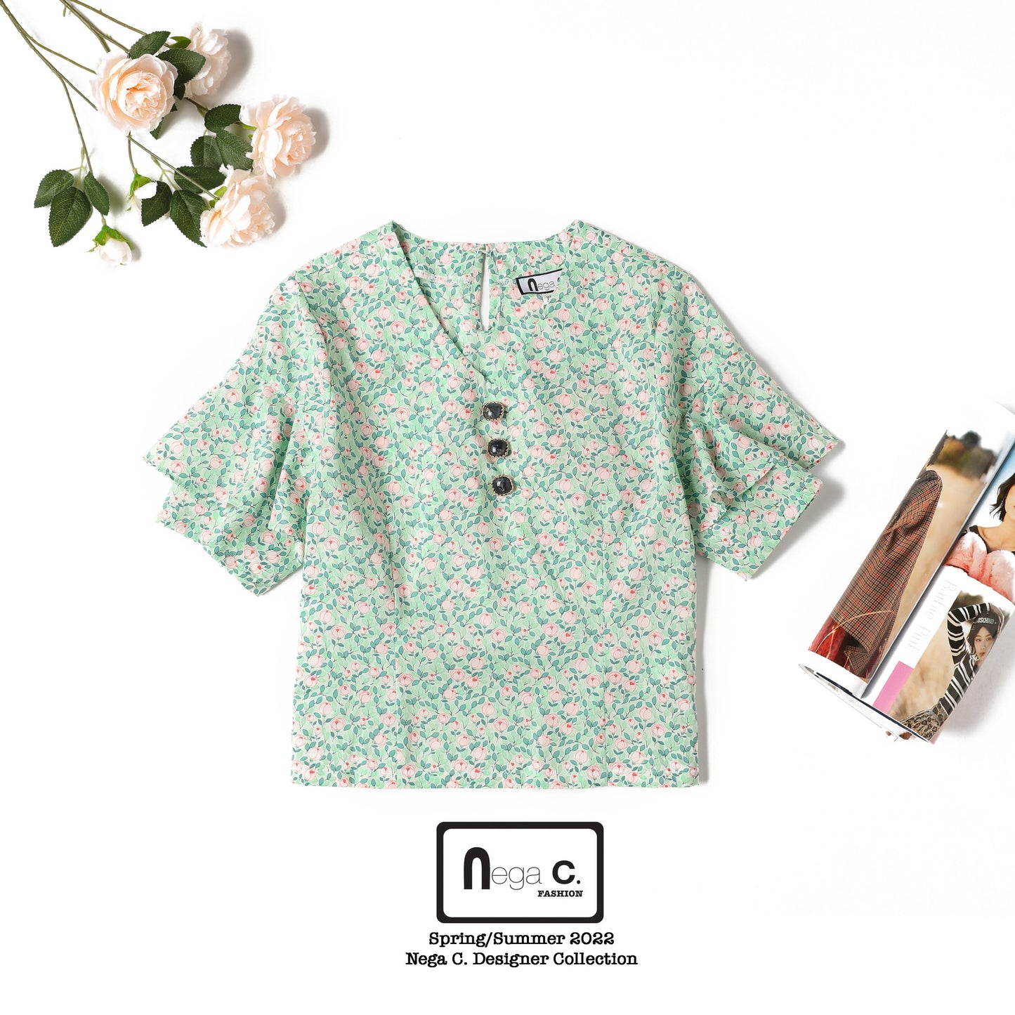 Nega C. เสื้อครอปเอวลอยสไตล์เรโทร | สีเขียว | ไม่มีซับใน