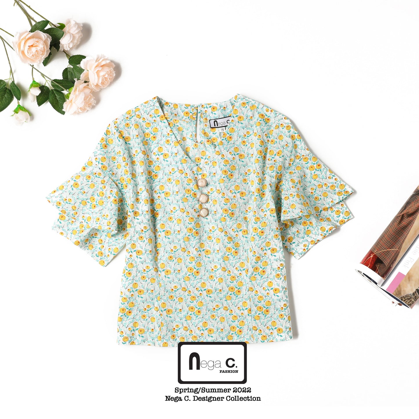 Nega C. เสื้อครอปเอวลอยคอวีย้อนยุค | สีเขียวมิ้นท์ | ไม่มีซับใน