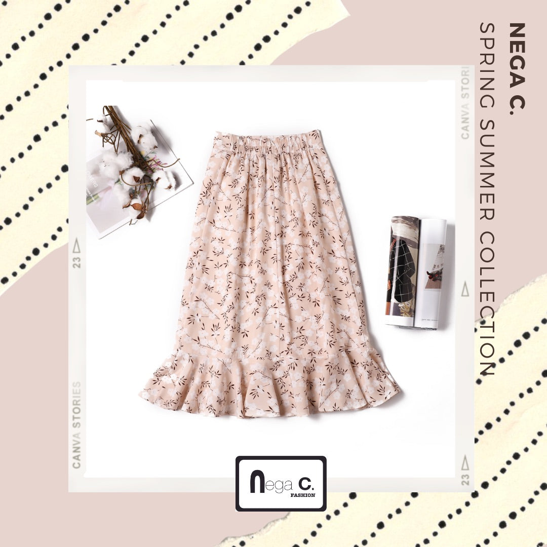 Nega C. กระโปรงพิมพ์ลาย|สีแอปริคอท|มีซับใน