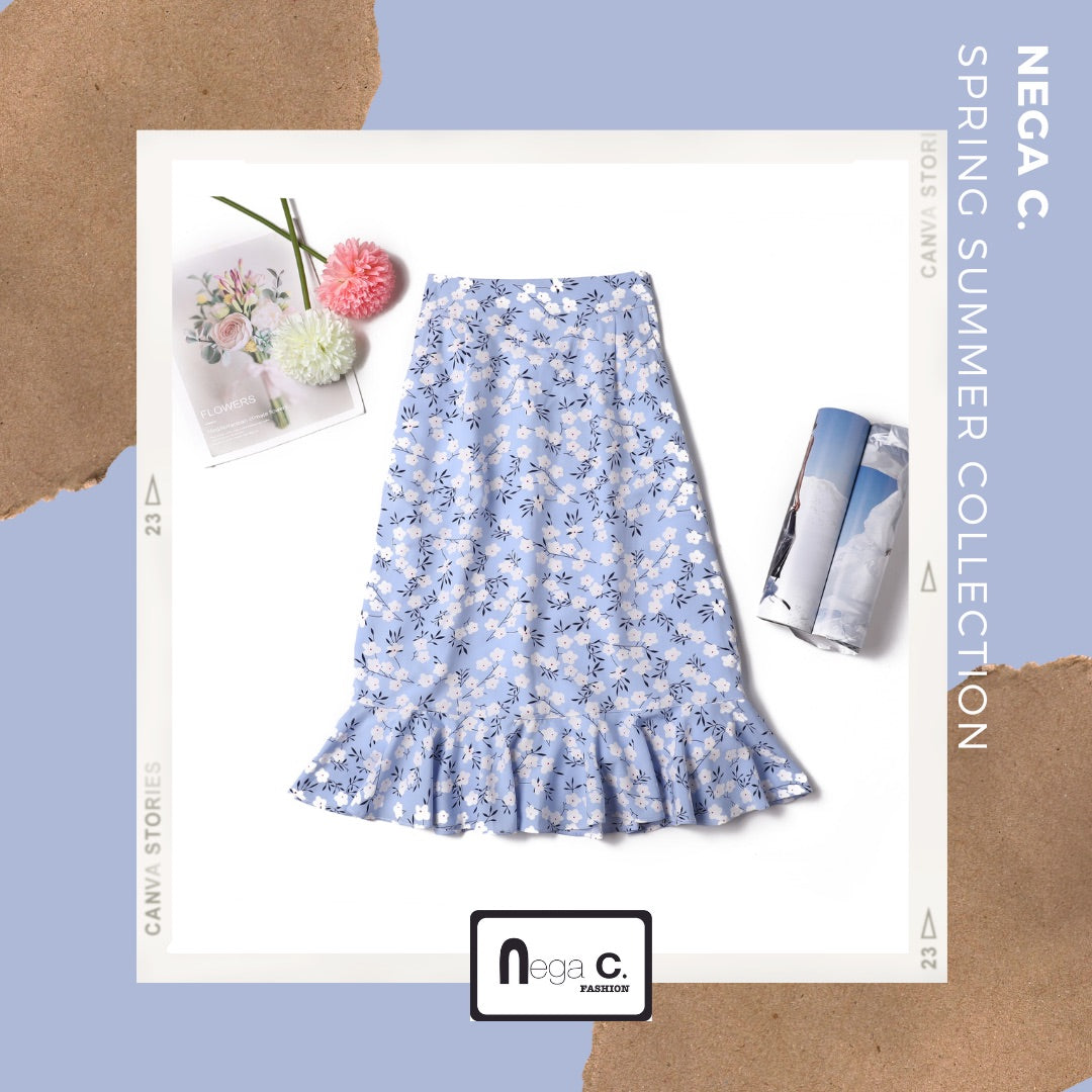Nega C. 印花荷葉腳半截裙|淺藍色|有裡襯
