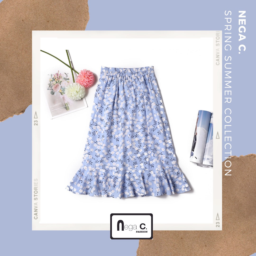 Nega C. 印花荷葉腳半截裙|淺藍色|有裡襯