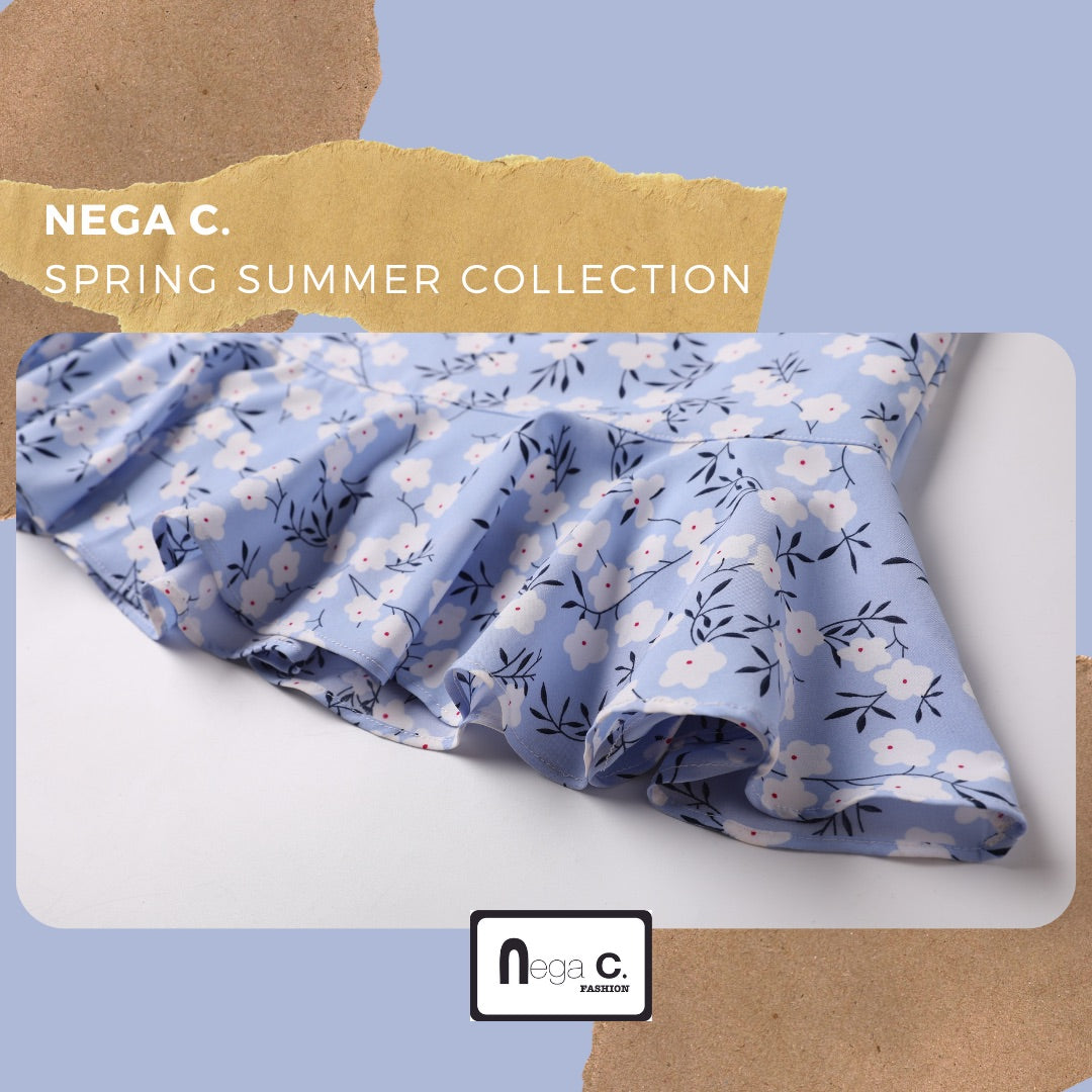 Nega C. 印花荷葉腳半截裙|淺藍色|有裡襯