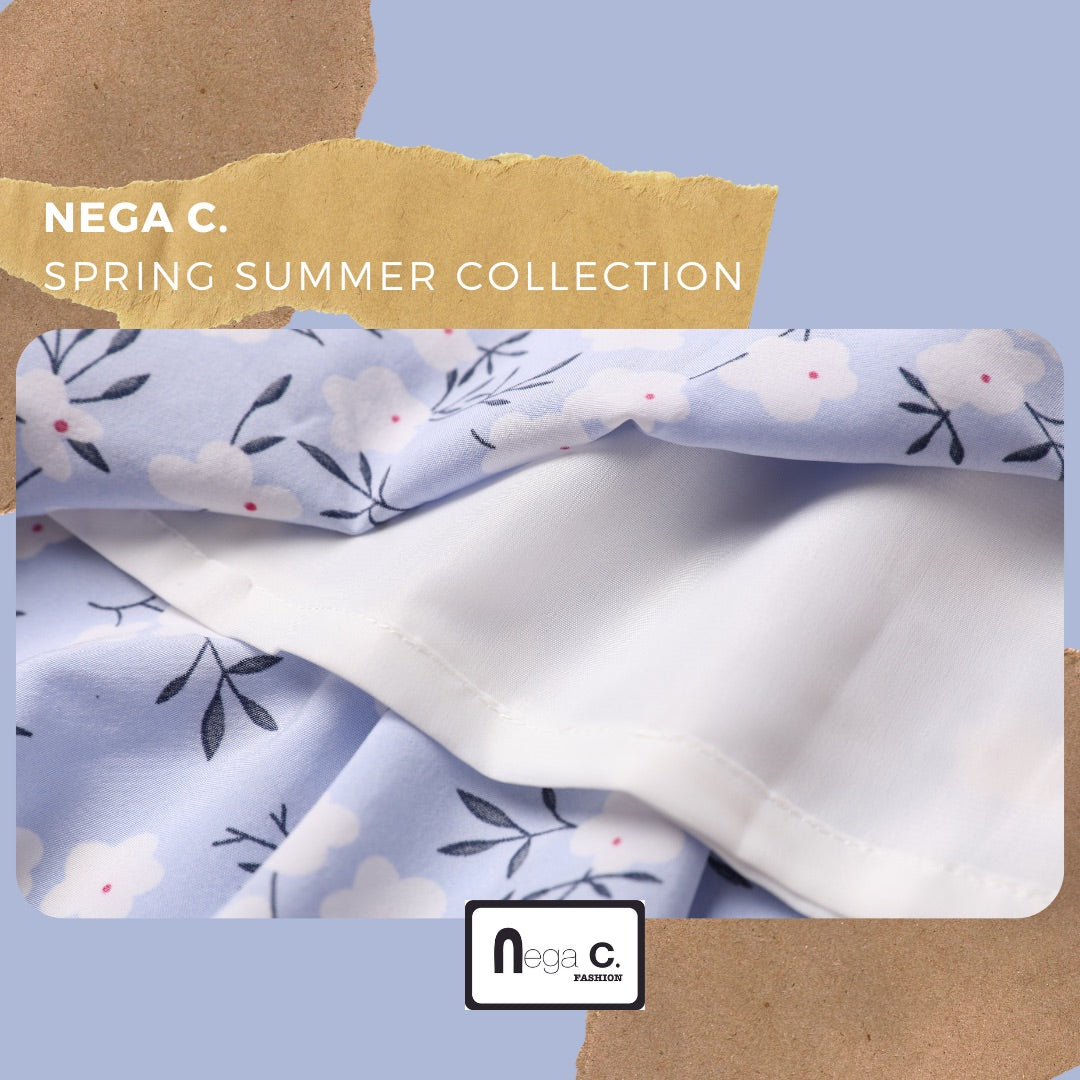 Nega C. 印花荷葉腳半截裙|淺藍色|有裡襯