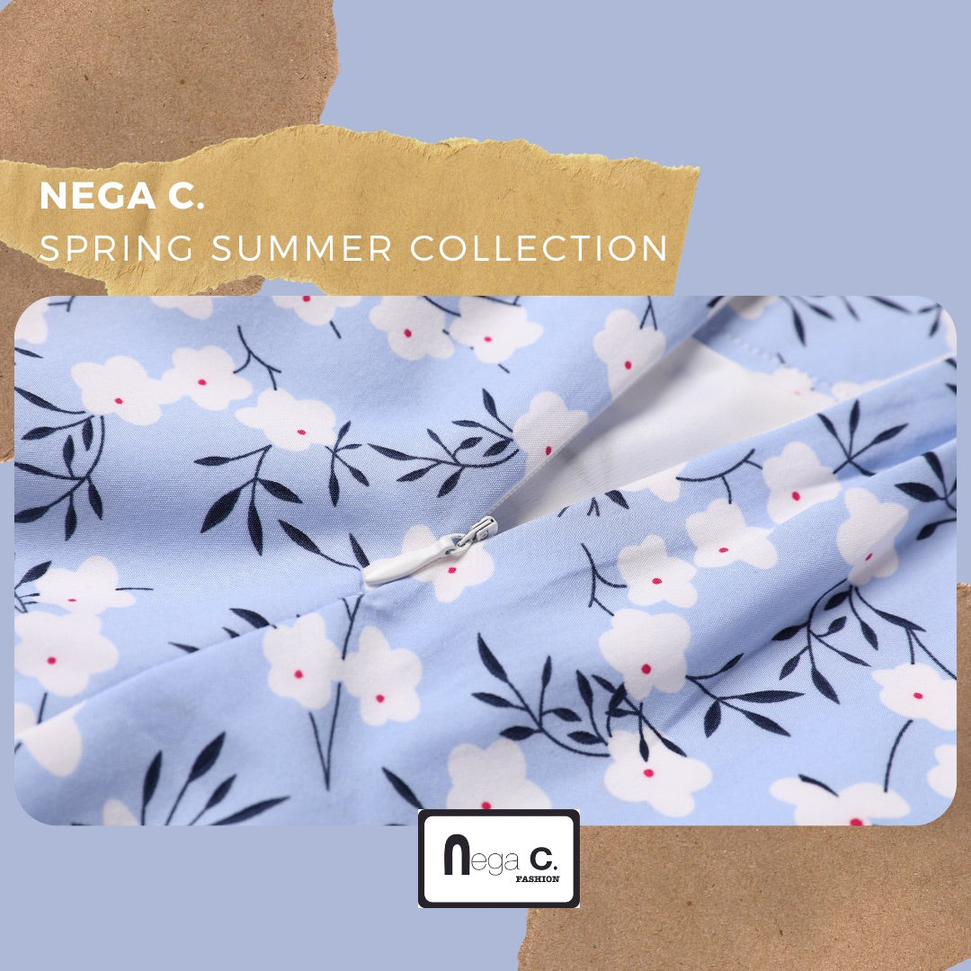 Nega C. 印花荷葉腳半截裙|淺藍色|有裡襯