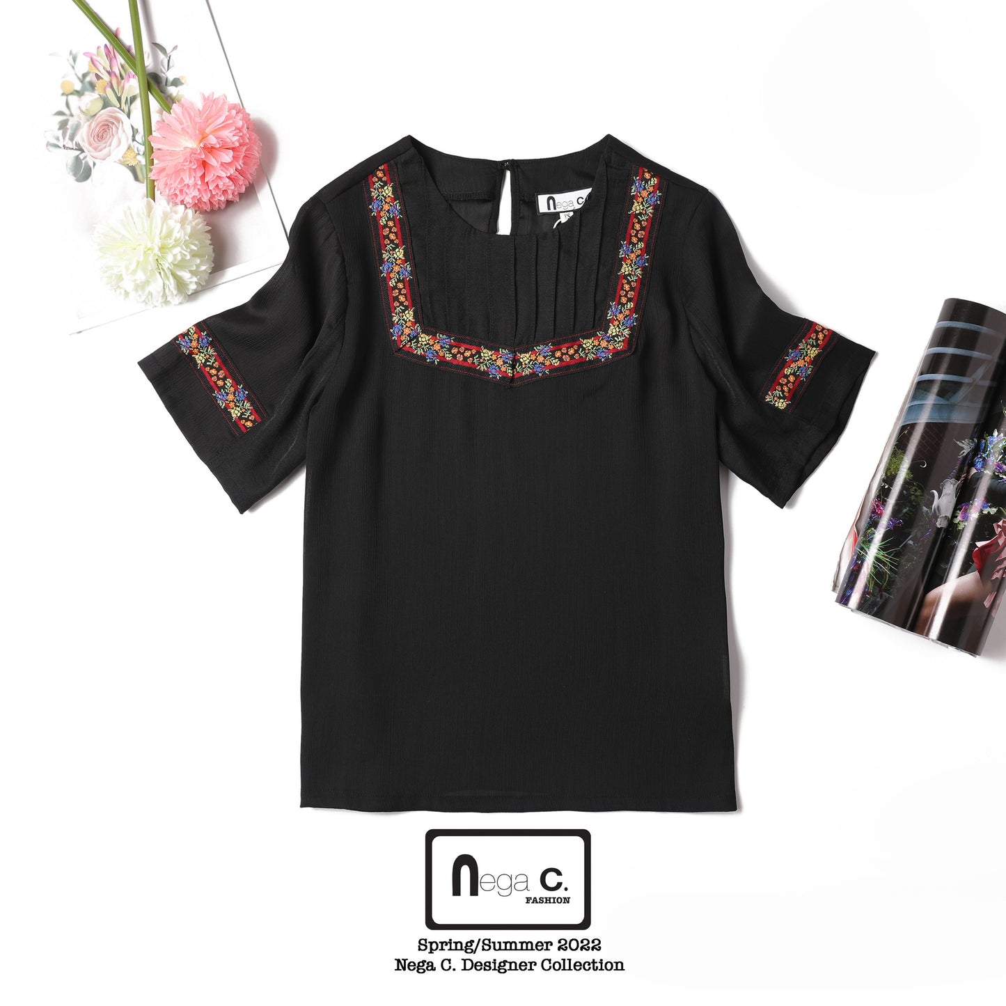 Nega C. เสื้อคอกลม Ethnic | สีดำ | ไม่มีซับใน