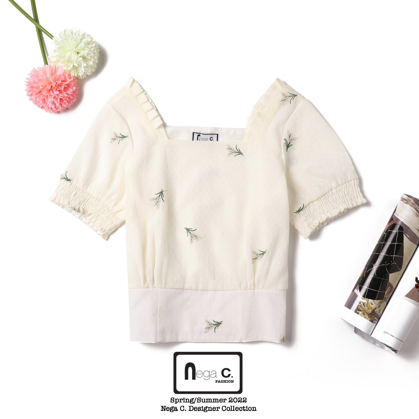 Nega C. เสื้อแขนสั้นทรงพัฟคอเหลี่ยม|สีแอปริคอท|มีซับใน