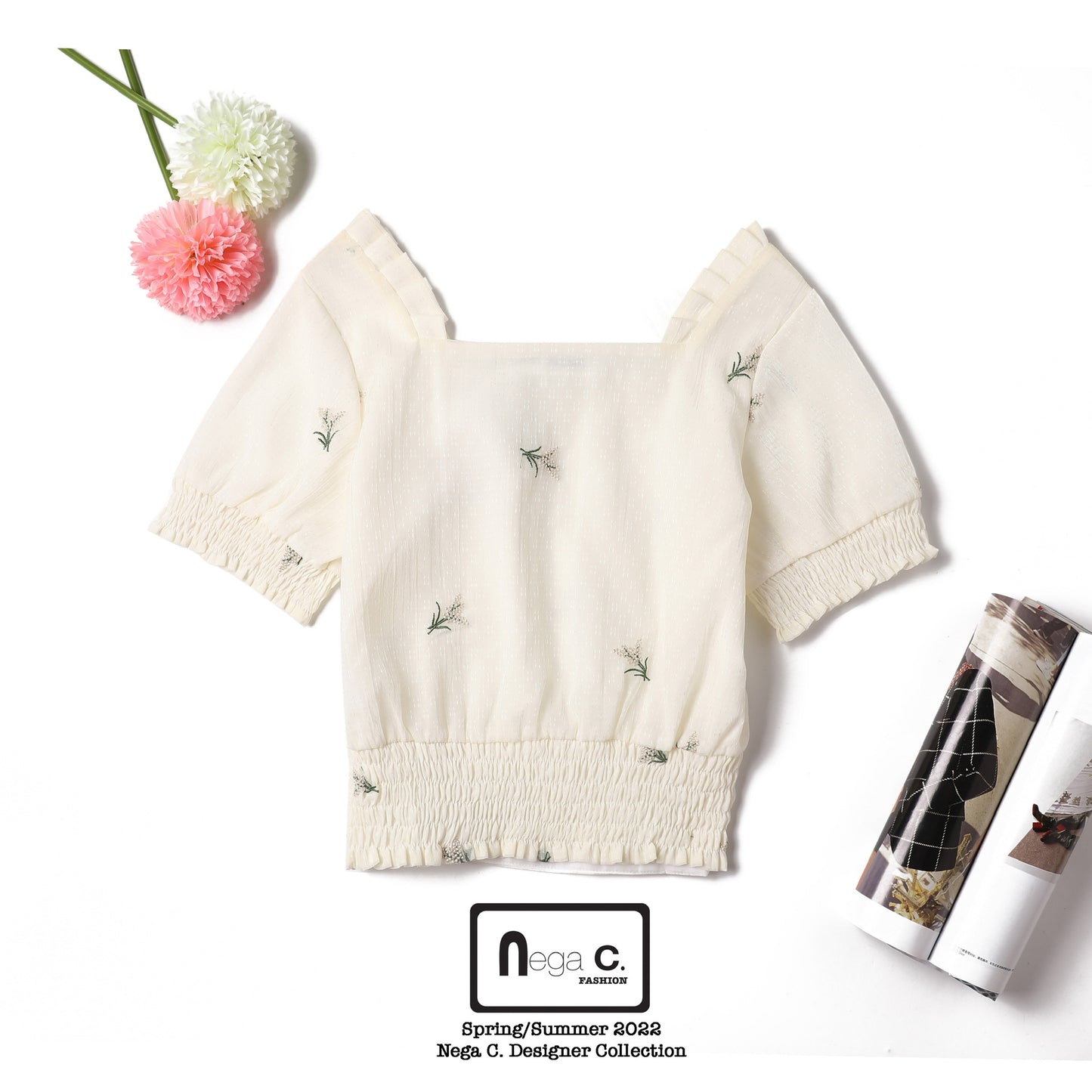 Nega C. เสื้อแขนสั้นทรงพัฟคอเหลี่ยม|สีแอปริคอท|มีซับใน