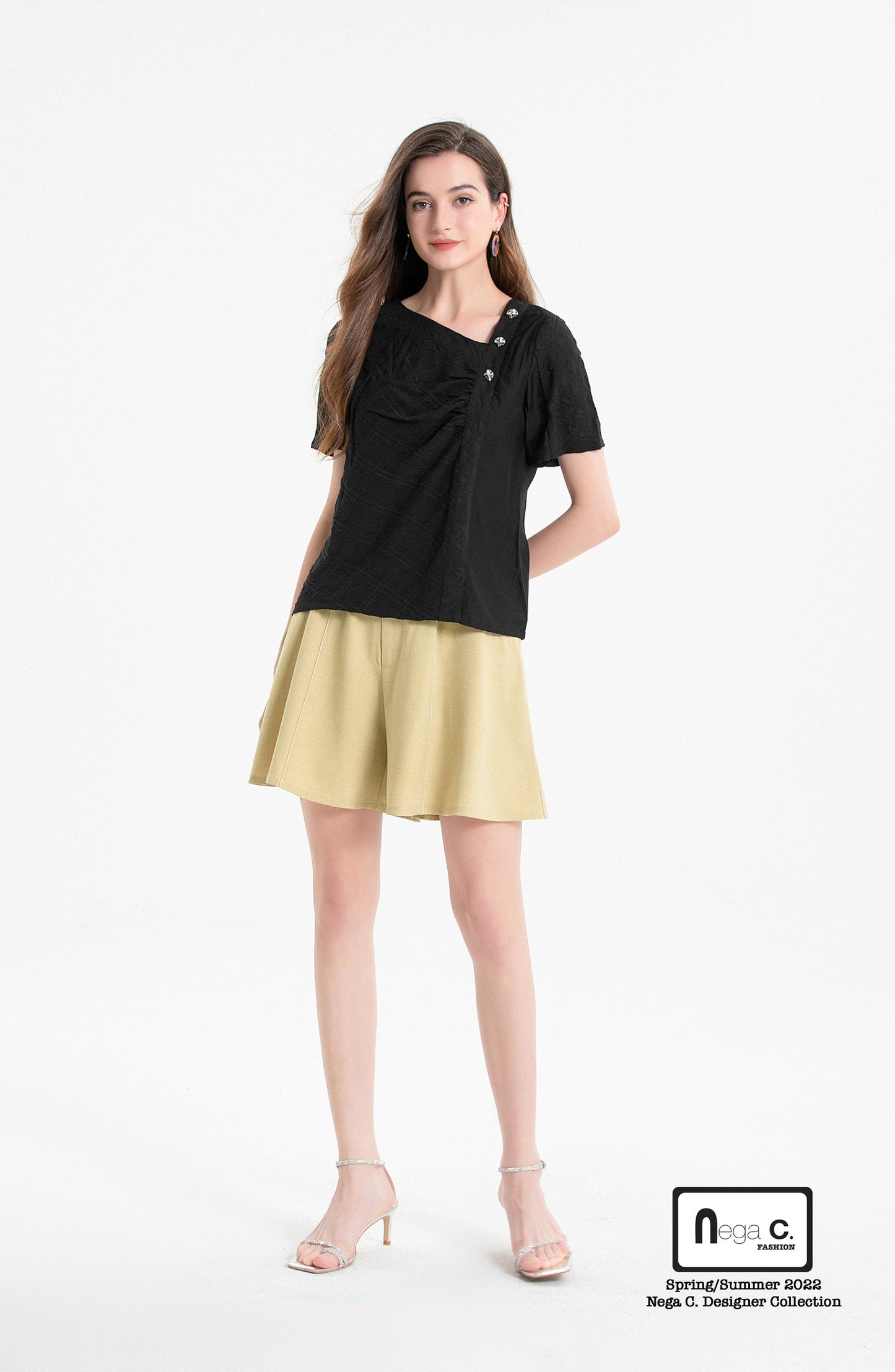 Nega C. เสื้อ Ruched คอไม่สมส่วน|สีดำ|มีซับในครึ่งตัว