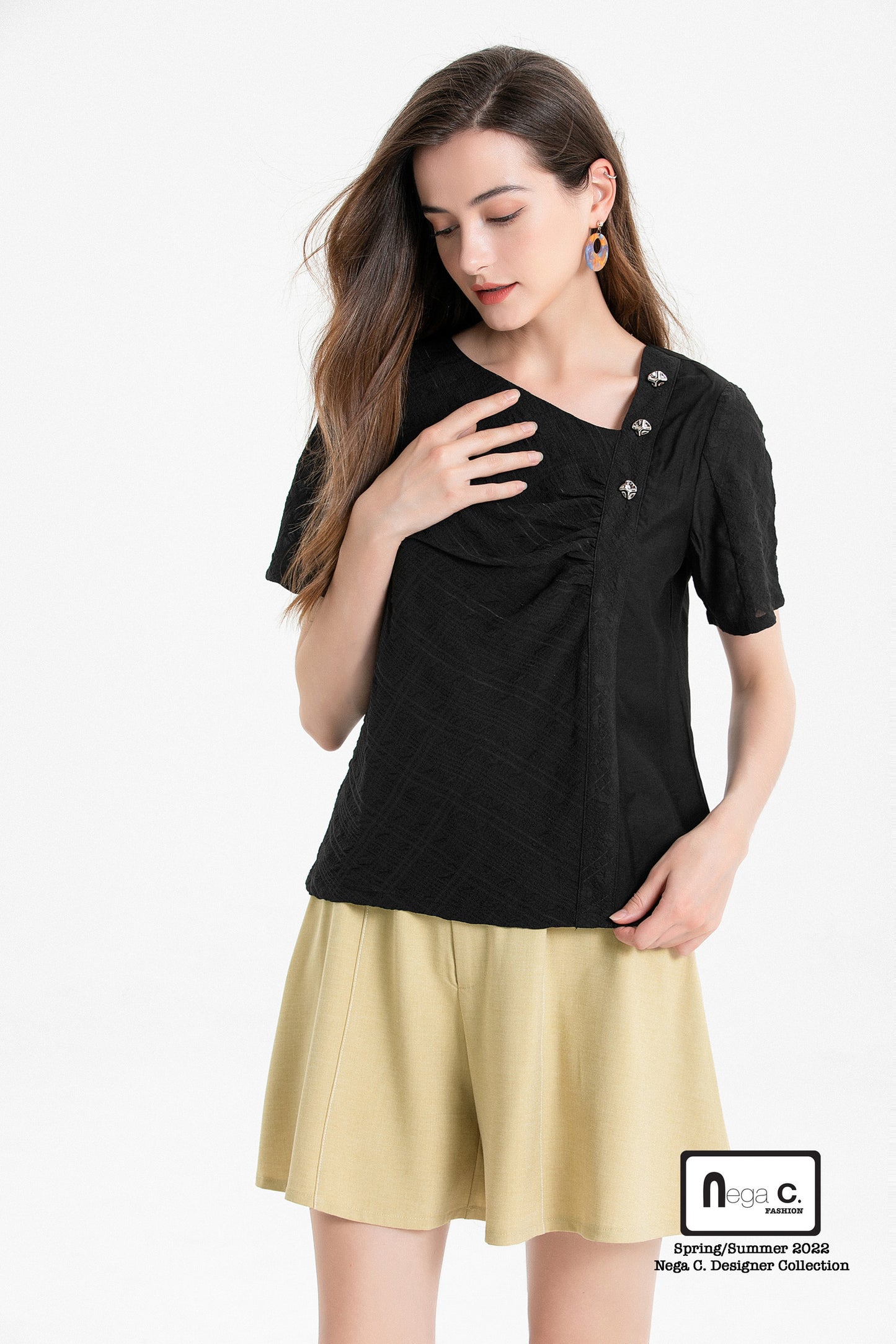Nega C. เสื้อ Ruched คอไม่สมส่วน|สีดำ|มีซับในครึ่งตัว